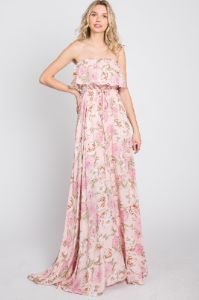 Pink Floral Strapless Ruffle Front Maxi Dress sold by Pinkblush