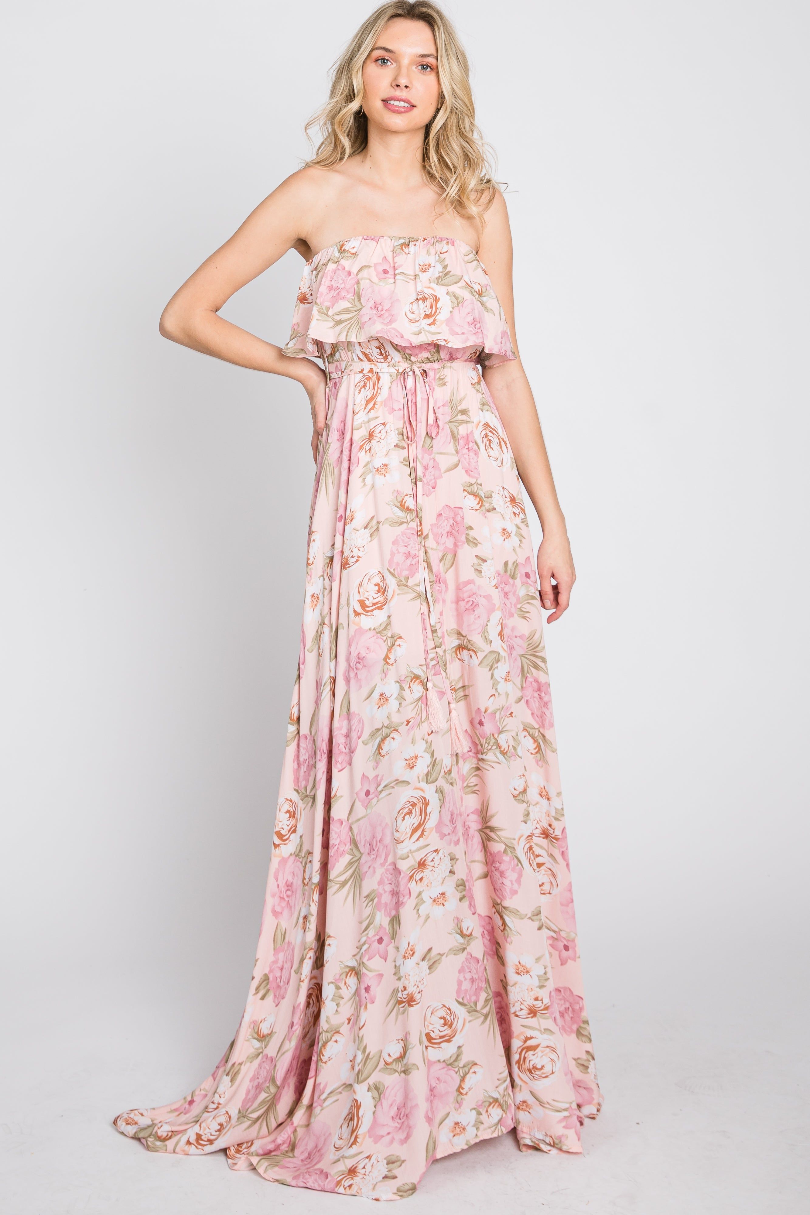 Pink Floral Strapless Ruffle Front Maxi Dress sold by Pinkblush product image thumbnail 4
