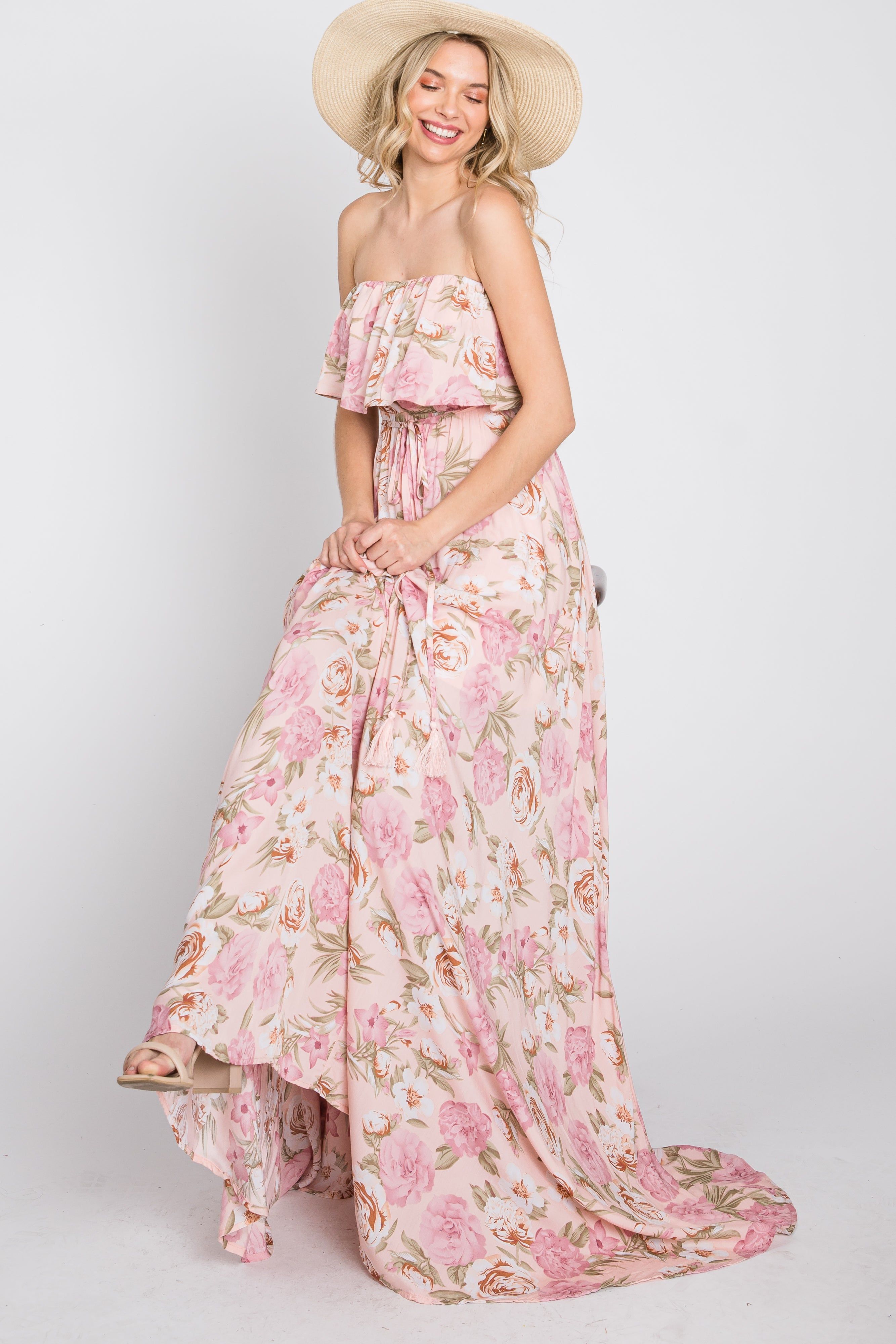Pink Floral Strapless Ruffle Front Maxi Dress sold by Pinkblush