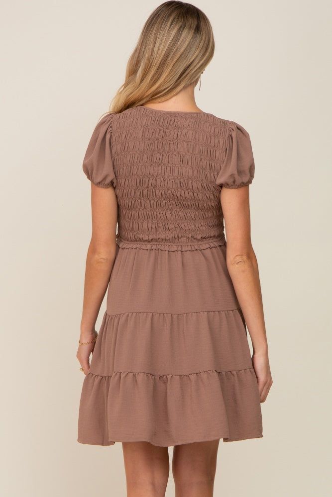 Mocha Smocked Tiered Maternity Mini Dress sold by Pinkblush product image thumbnail 4
