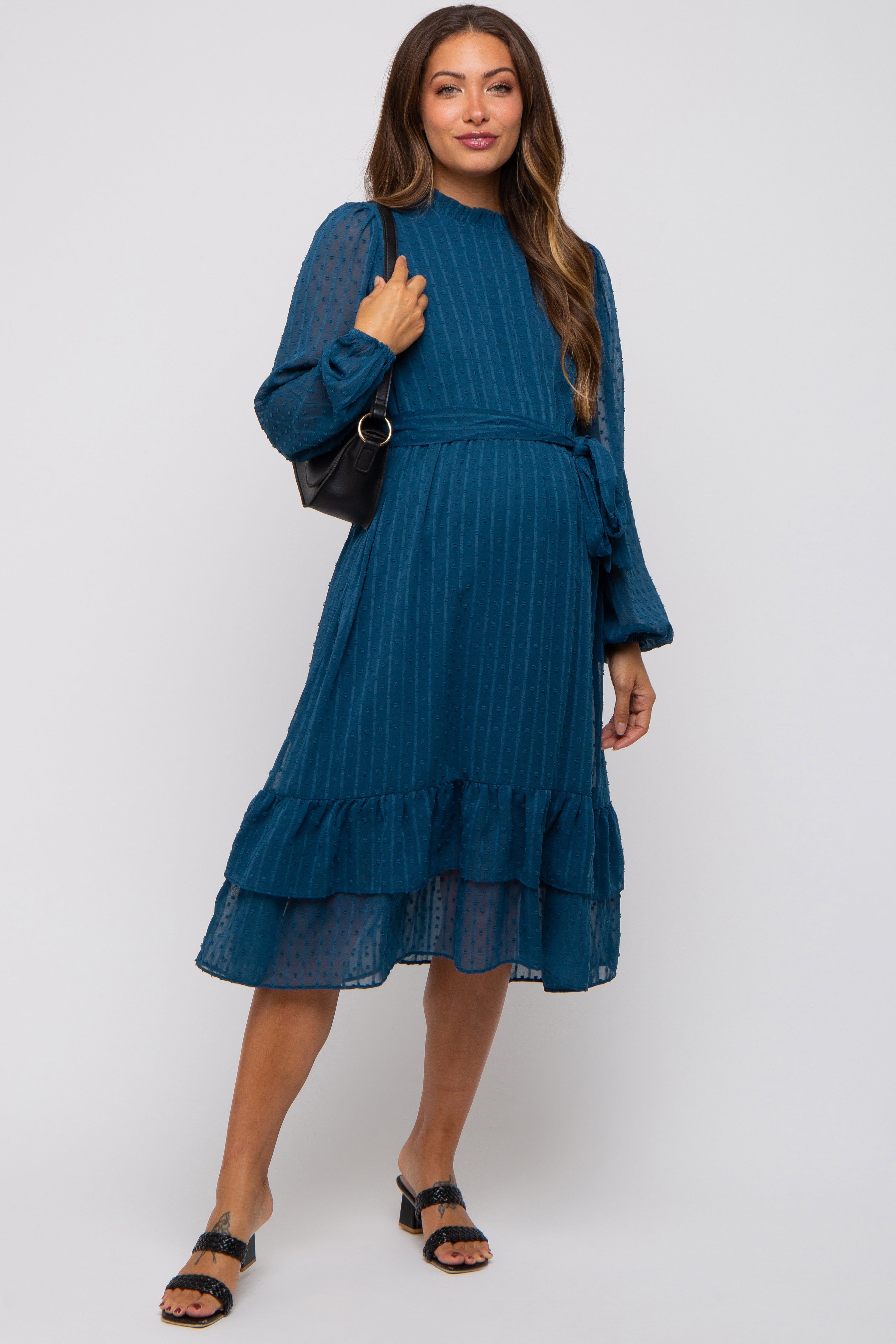 Teal Swiss Dot Ruffle Accent Maternity Midi Dress sold by Pinkblush