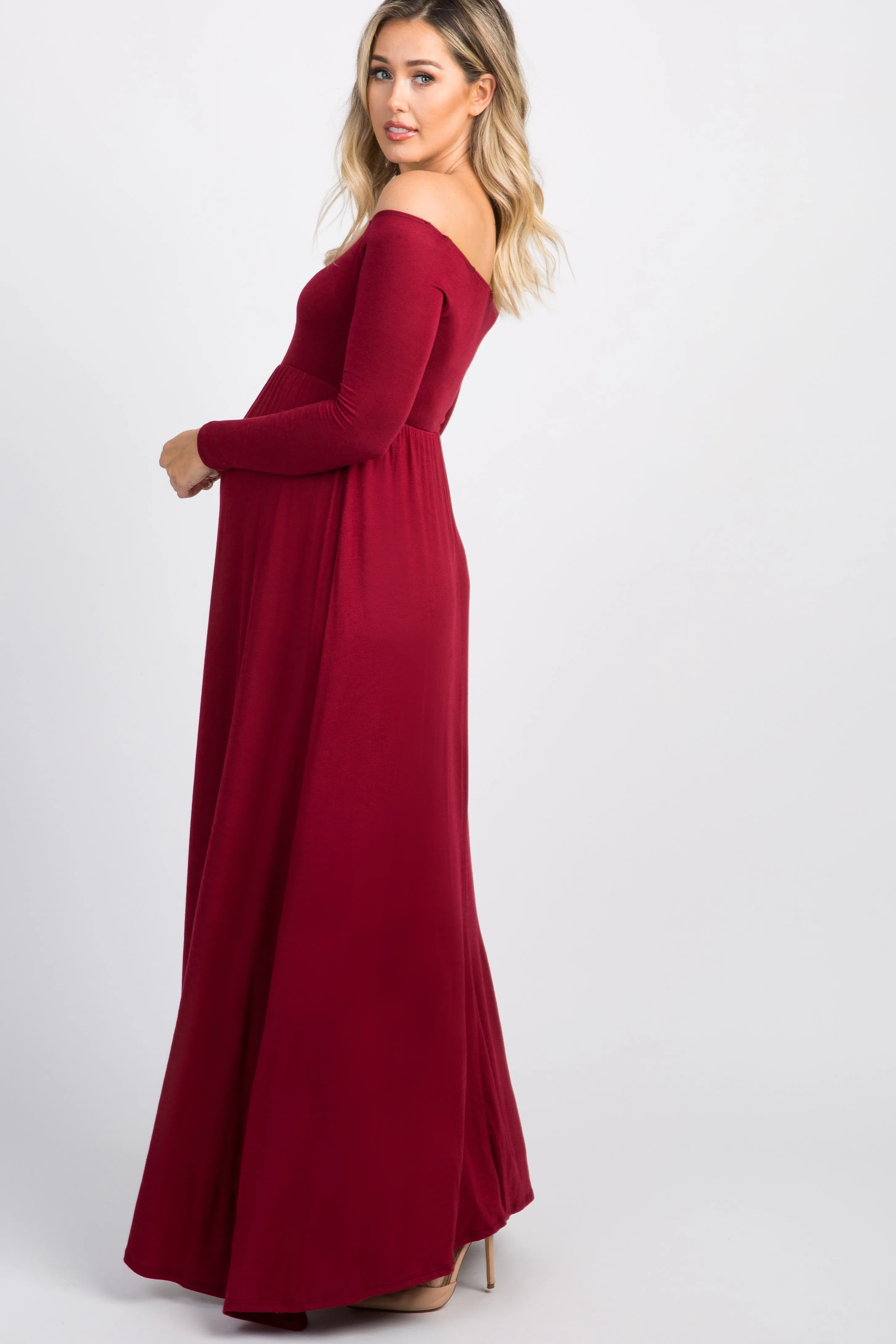 PinkBlush Burgundy Solid Off Shoulder Maternity Maxi Dress sold by Pinkblush product image thumbnail 2