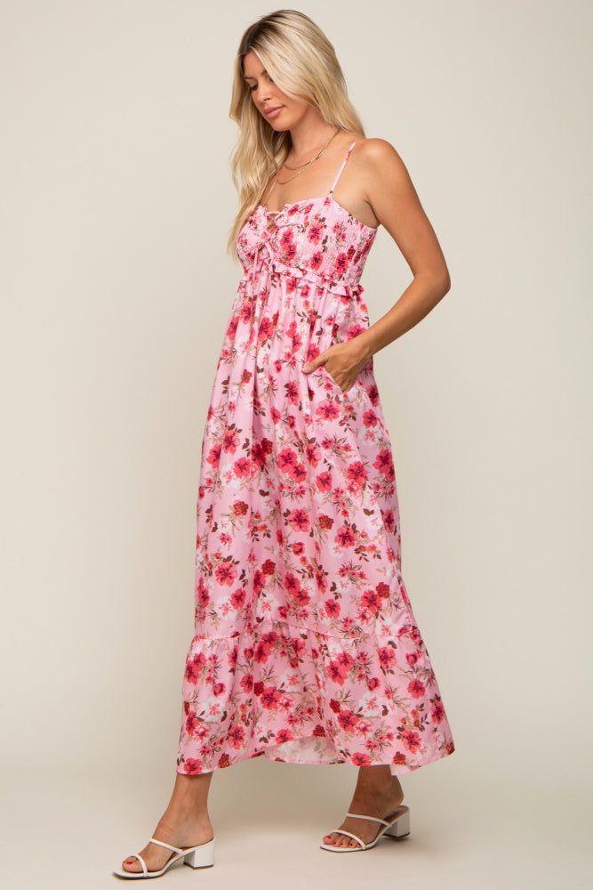 Pink Floral Lace-Up Front Smocked Maxi Dress sold by Pinkblush product image thumbnail 2