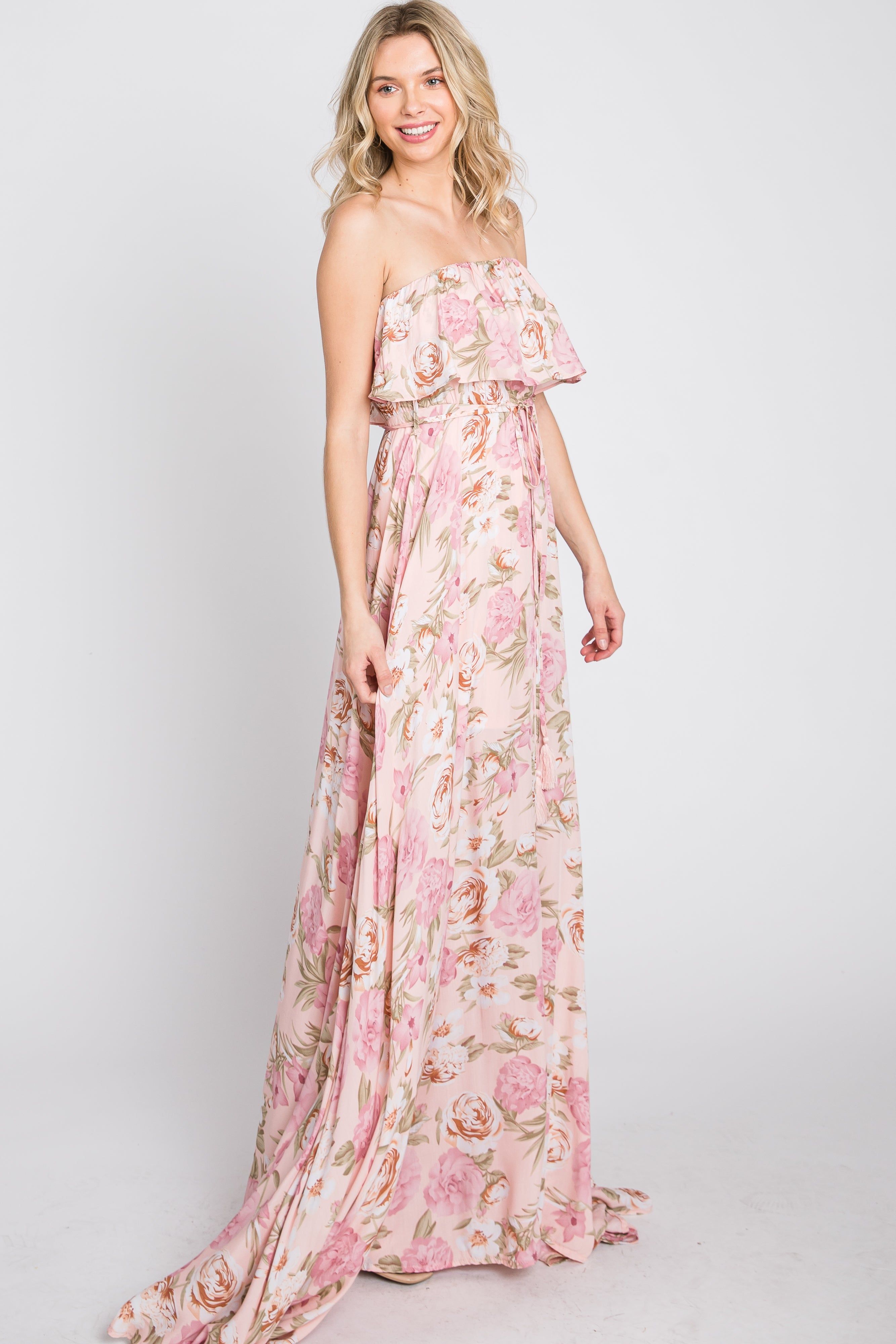 Pink Floral Strapless Ruffle Front Maxi Dress sold by Pinkblush product image thumbnail 5