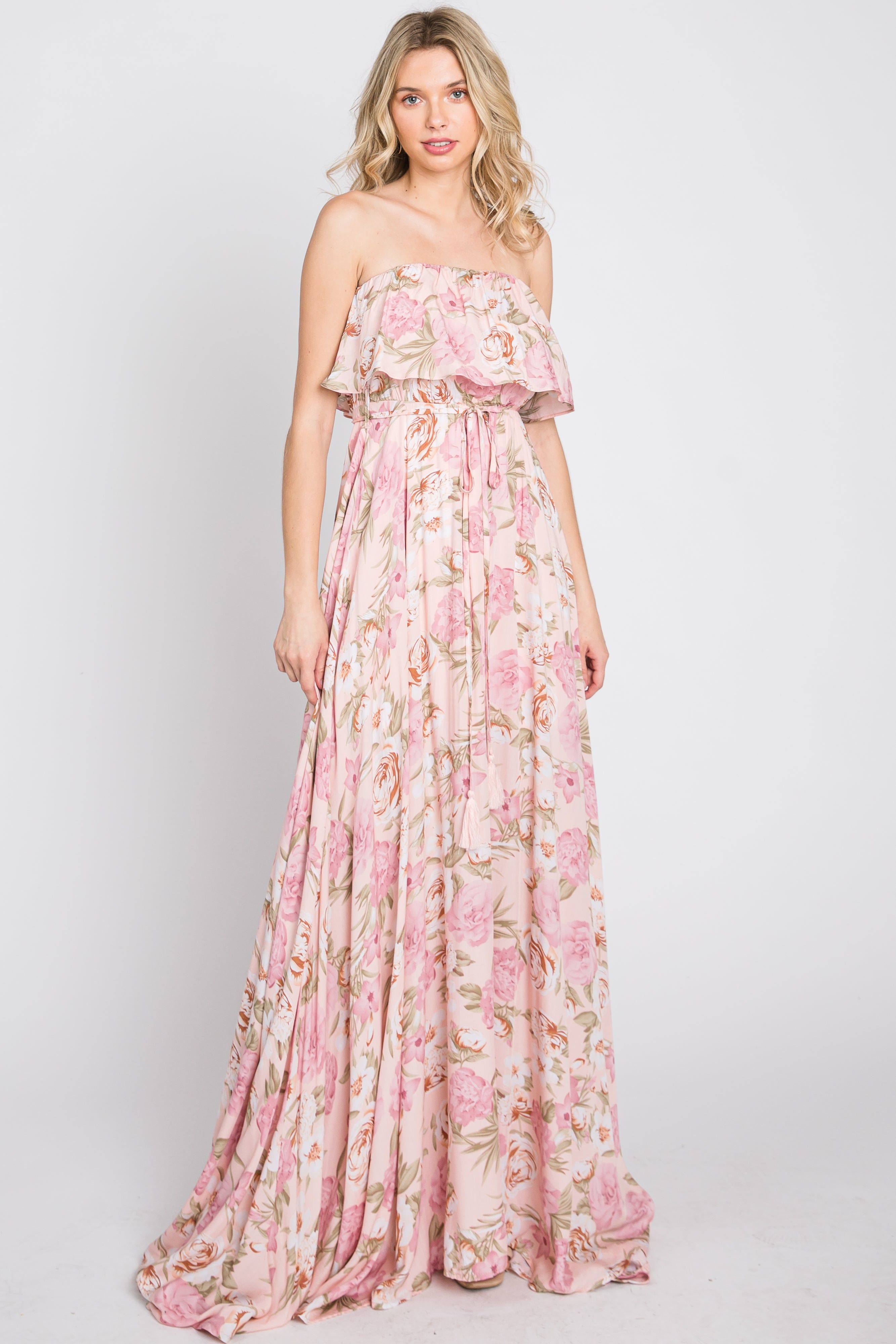 Pink Floral Strapless Ruffle Front Maxi Dress sold by Pinkblush product image thumbnail 2