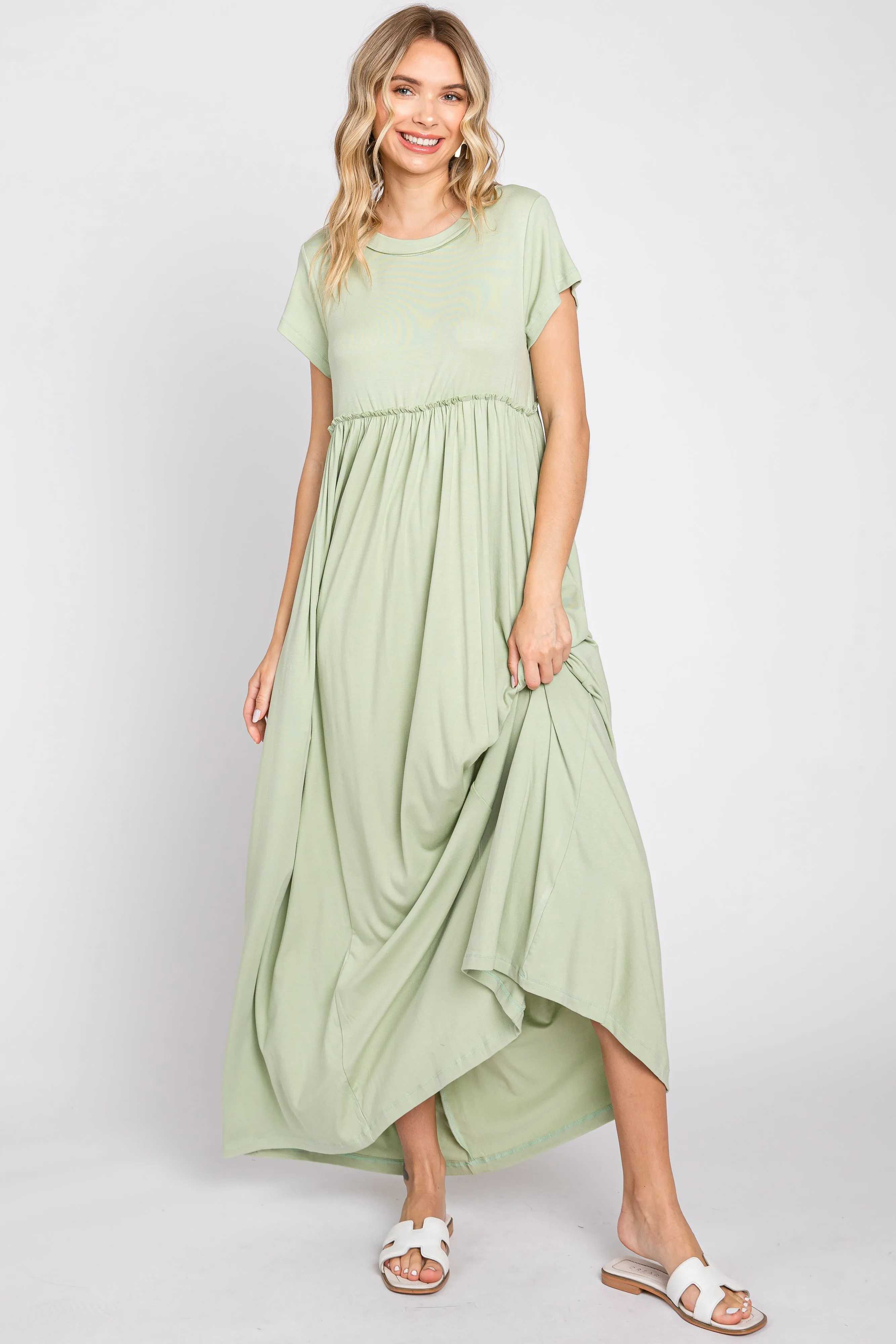 Light Olive Short Sleeve Pocketed Maxi Dress sold by Pinkblush