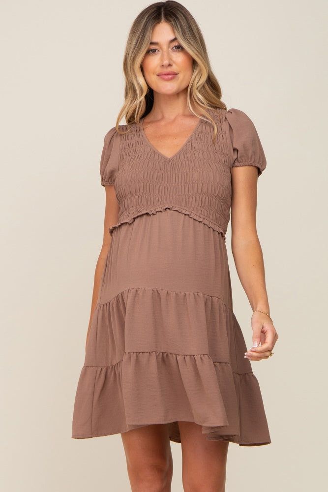 Mocha Smocked Tiered Maternity Mini Dress sold by Pinkblush product image thumbnail 2