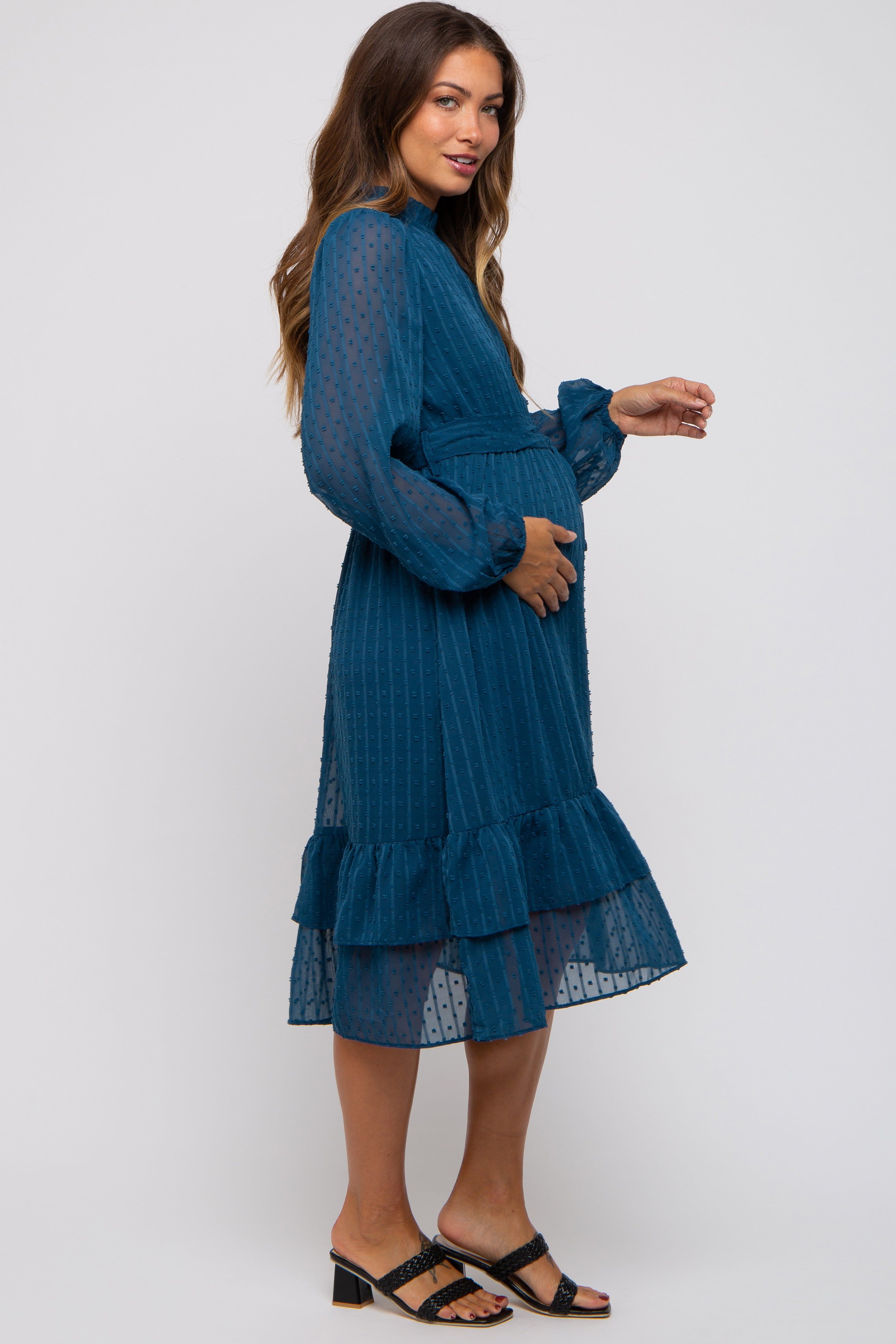 Teal Swiss Dot Ruffle Accent Maternity Midi Dress sold by Pinkblush product image thumbnail 2