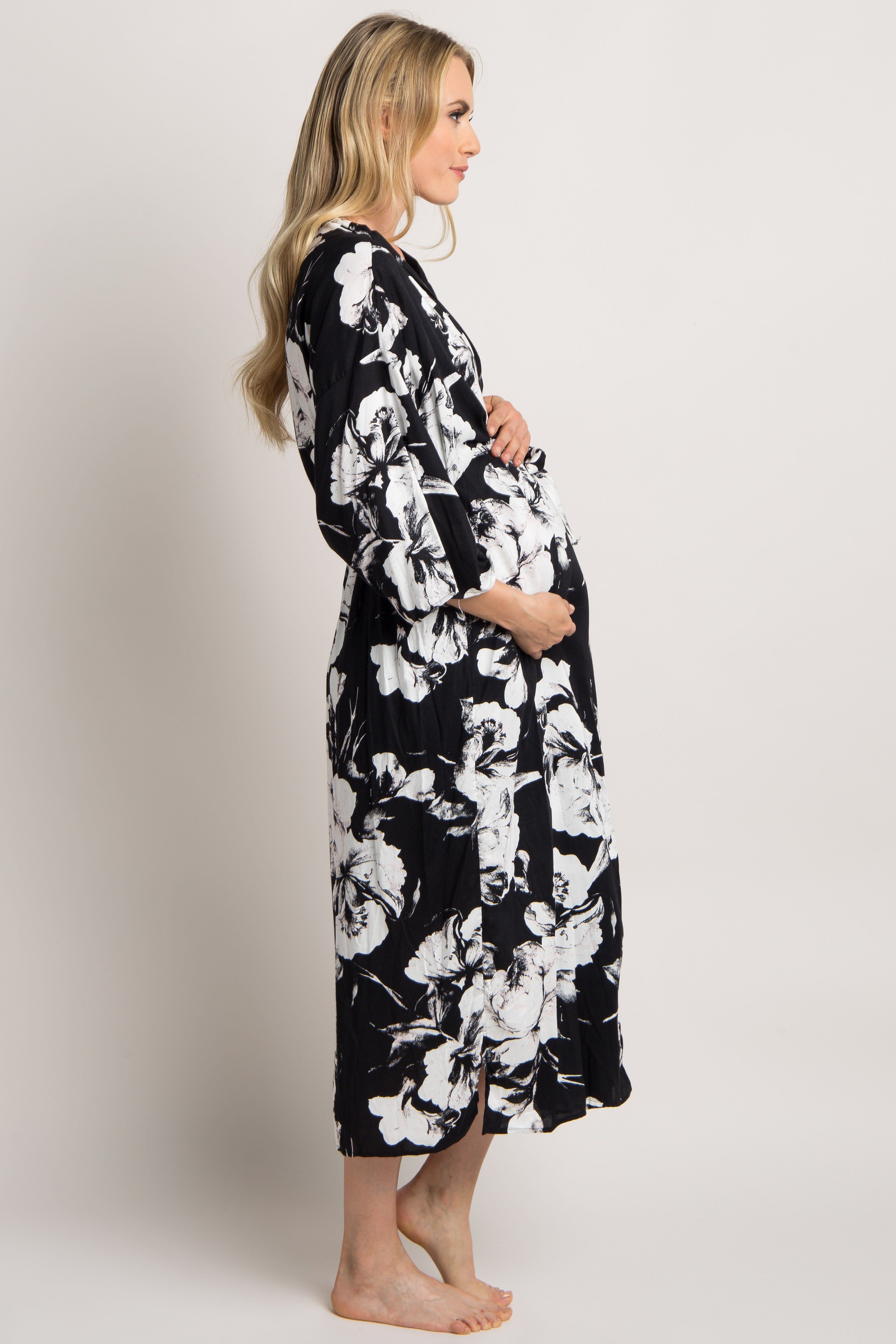 PinkBlush Black Floral Delivery/Nursing Long Maternity Robe sold by Pinkblush product image thumbnail 3