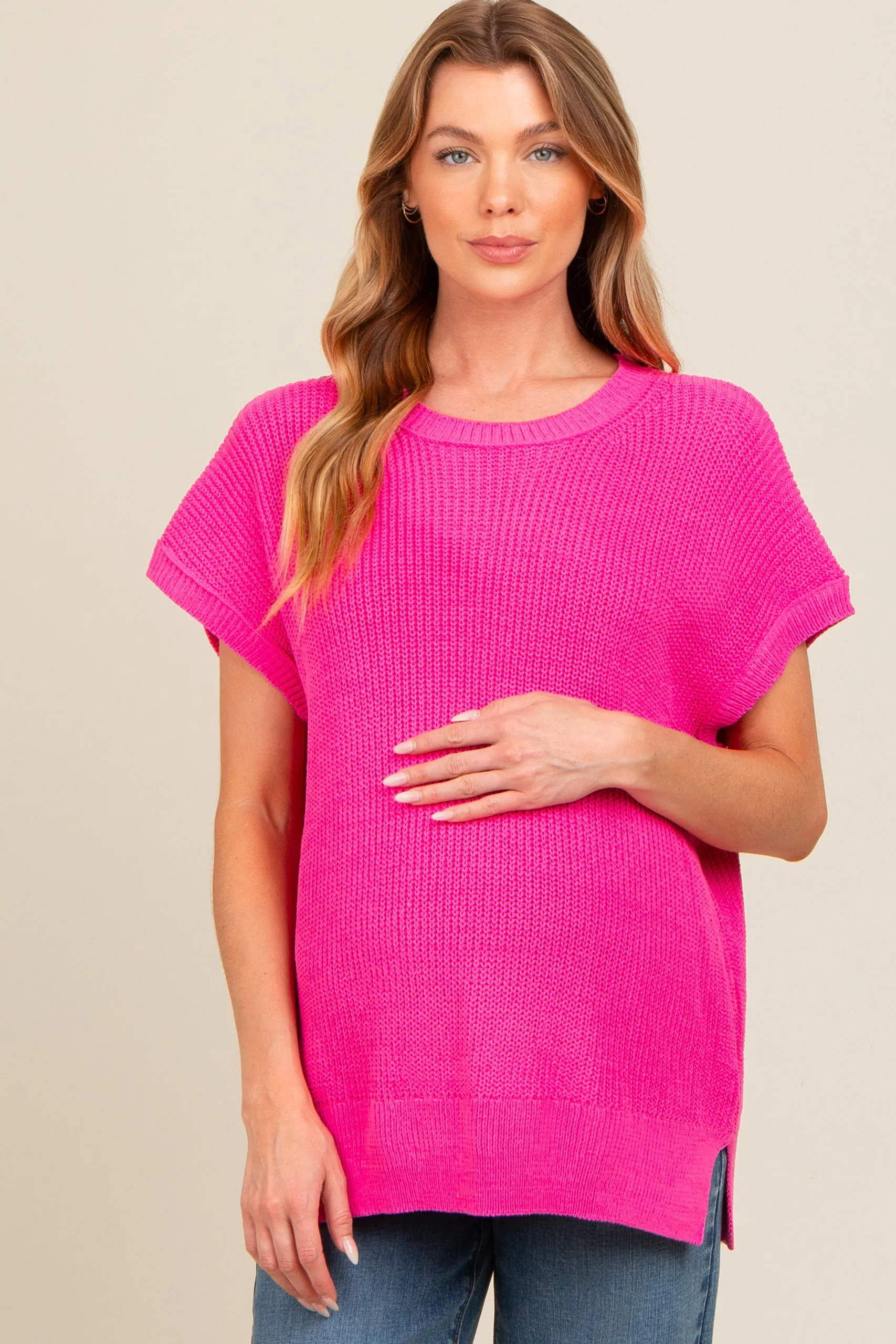 Fuchsia Dolman Short Sleeve Side Slit Maternity Sweater Top sold by Pinkblush