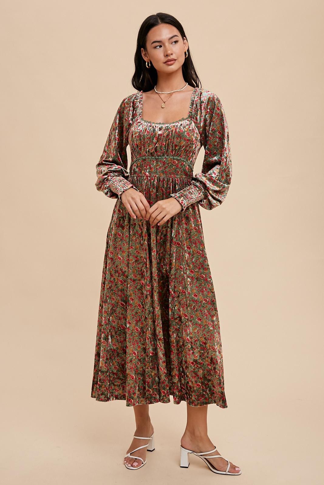 Emerald Floral Velvet Square Neck Midi Dress sold by Pinkblush