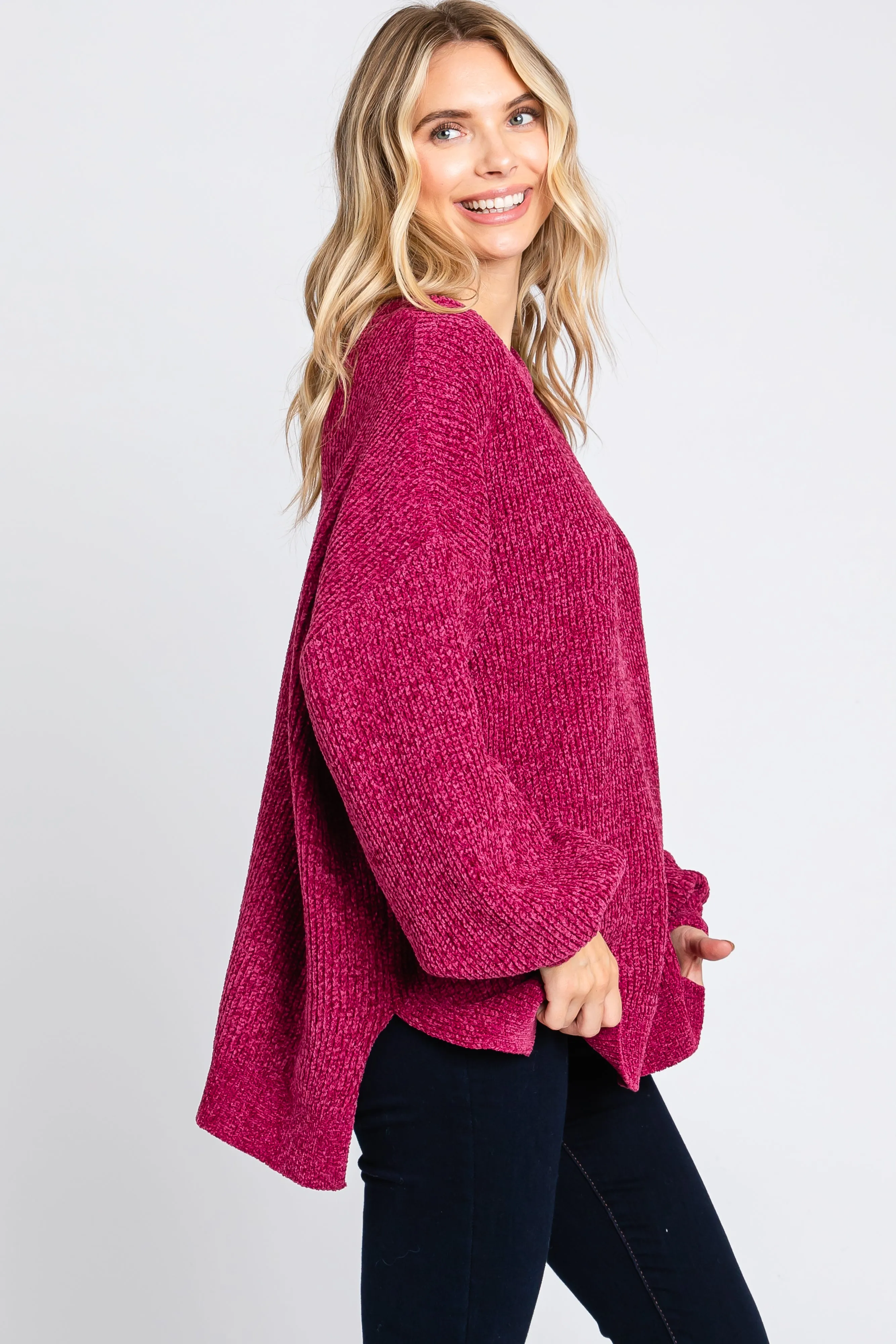 Magenta Chenille Knit Balloon Sleeve Sweater sold by Pinkblush product image thumbnail 2