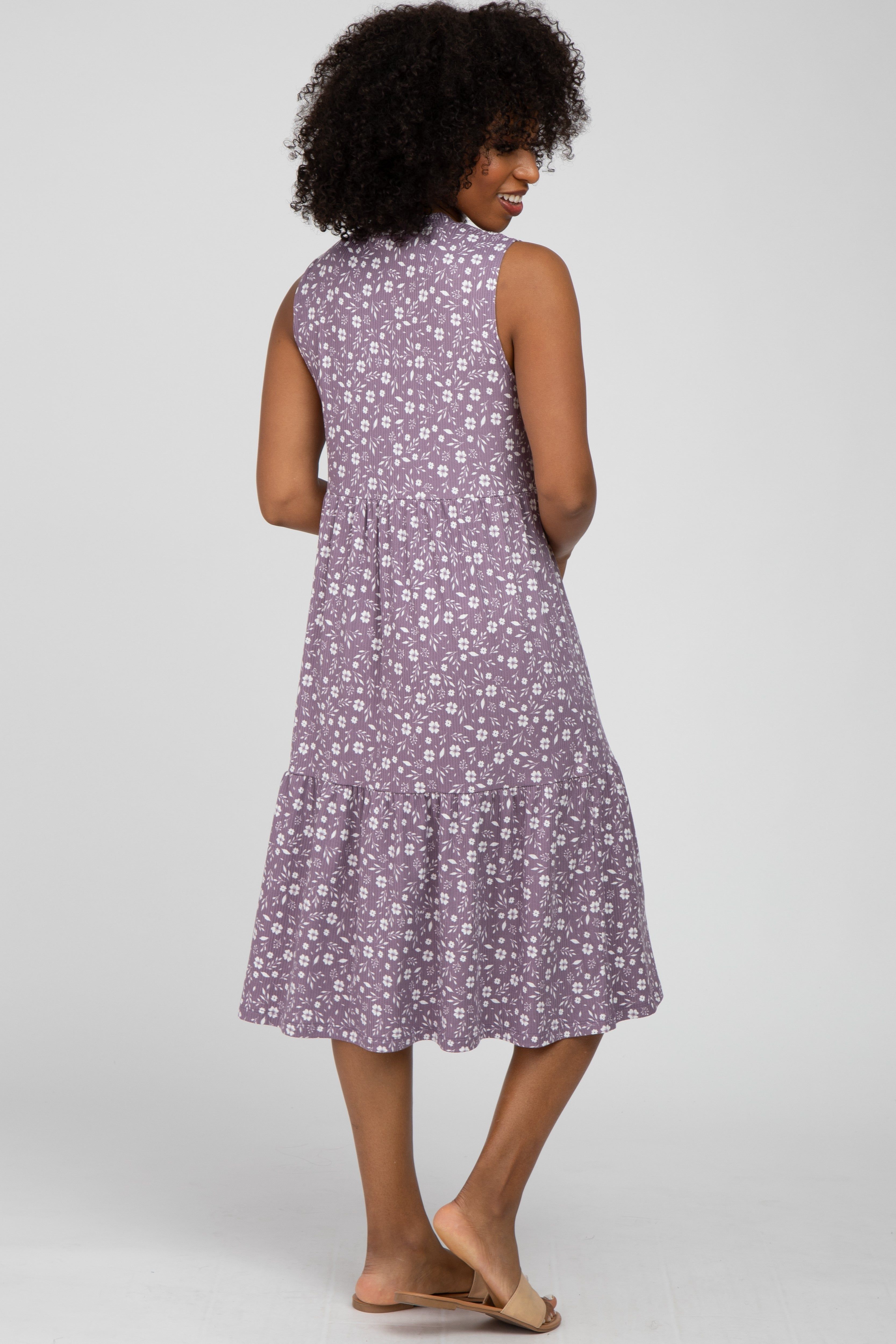 Purple Floral Ribbed Tiered Midi Dress sold by Pinkblush product image thumbnail 3