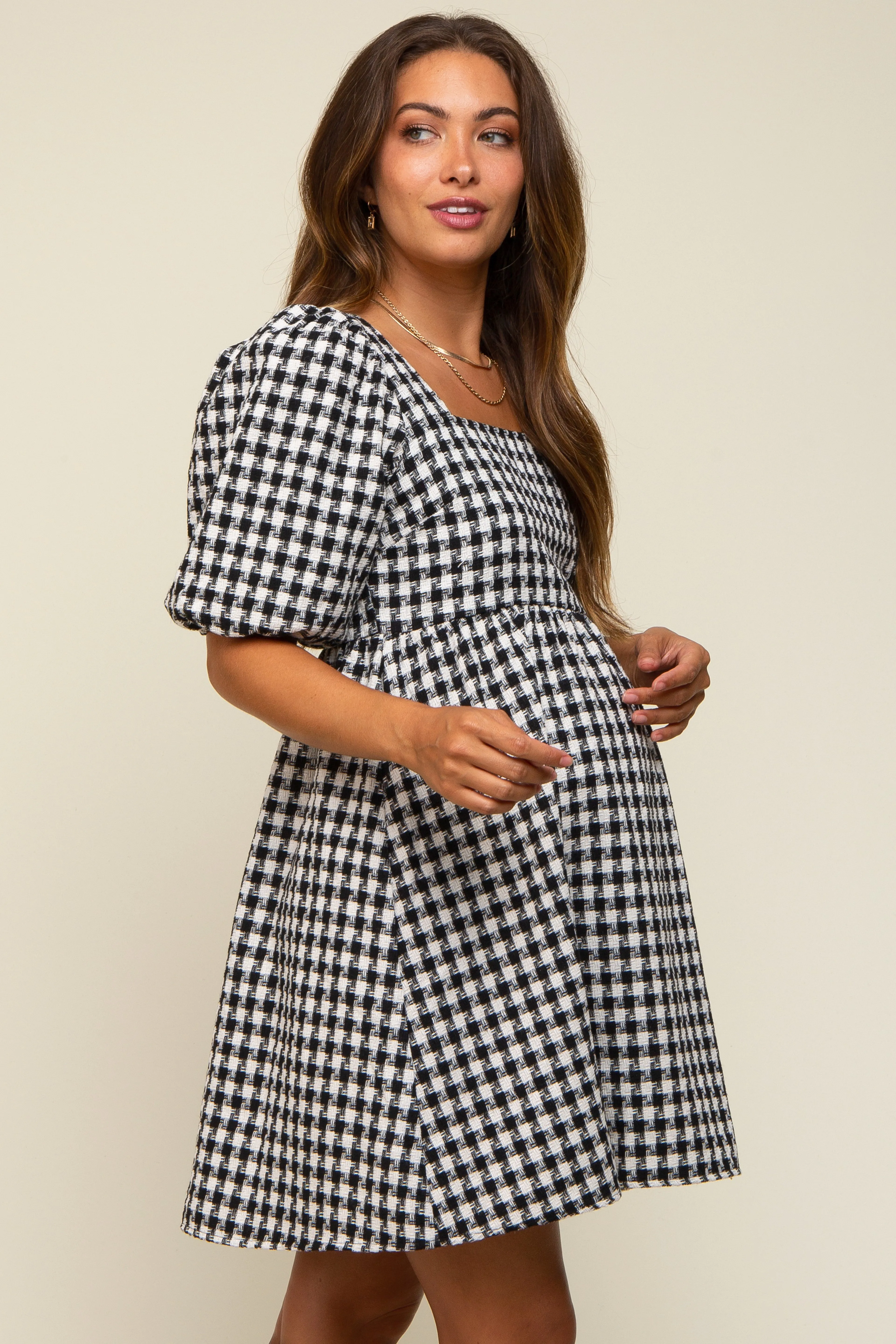 Black Houndstooth Tweed Square Neck Maternity Dress sold by Pinkblush product image thumbnail 2