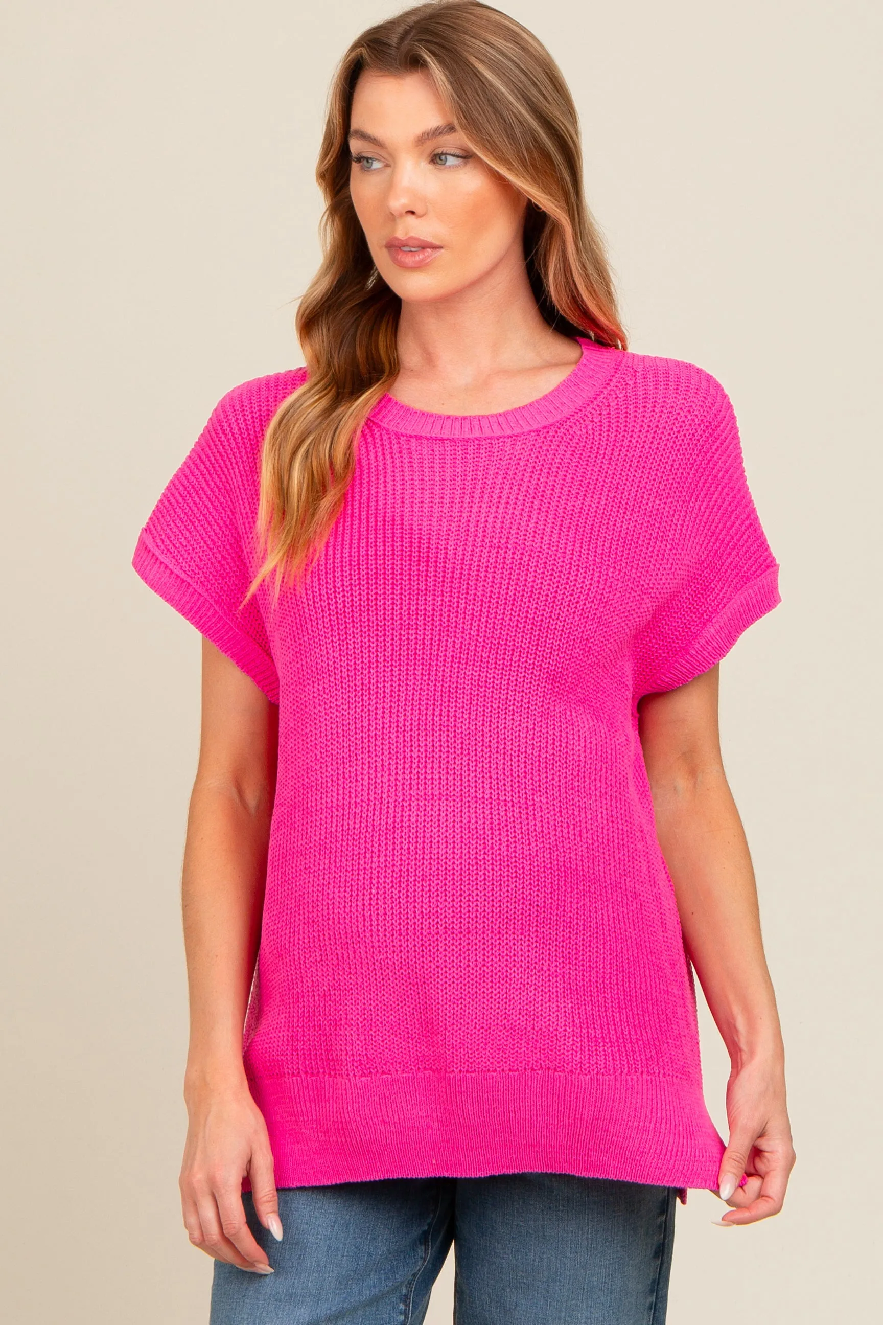 Fuchsia Dolman Short Sleeve Side Slit Maternity Sweater Top sold by Pinkblush product image thumbnail 2