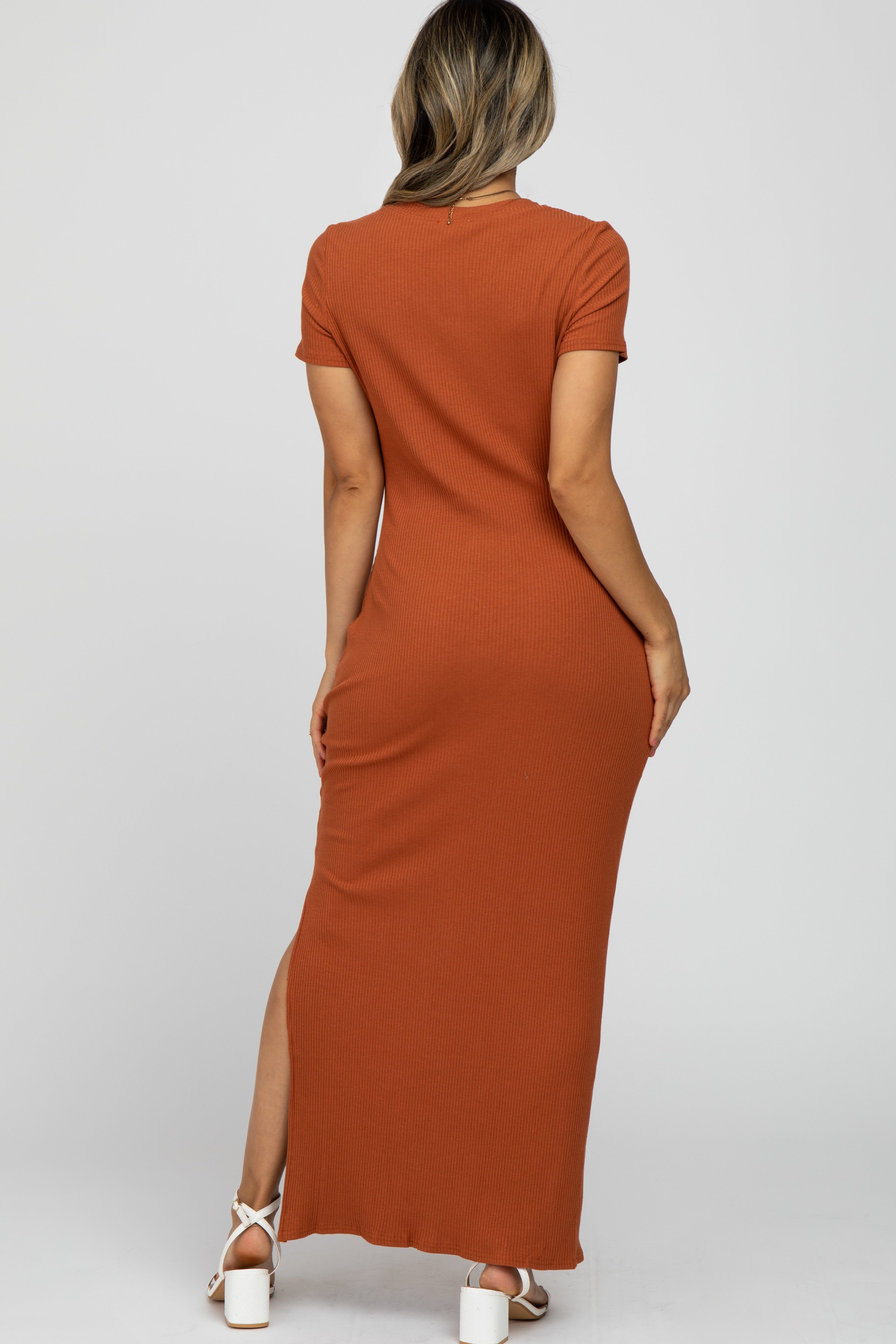 Rust Ribbed Side Slit Maxi Dress sold by Pinkblush product image thumbnail 4