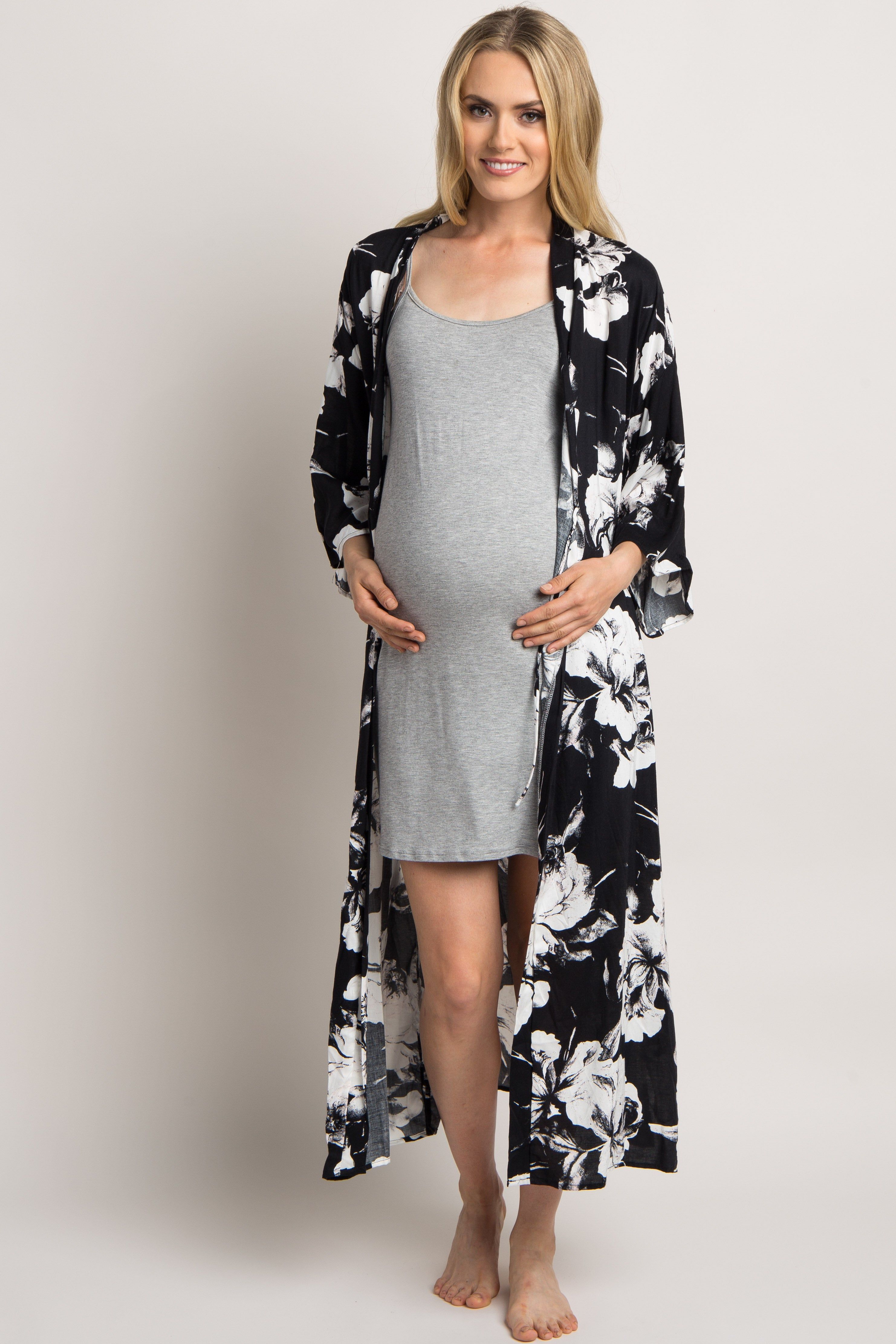 PinkBlush Black Floral Delivery/Nursing Long Maternity Robe sold by Pinkblush product image thumbnail 5