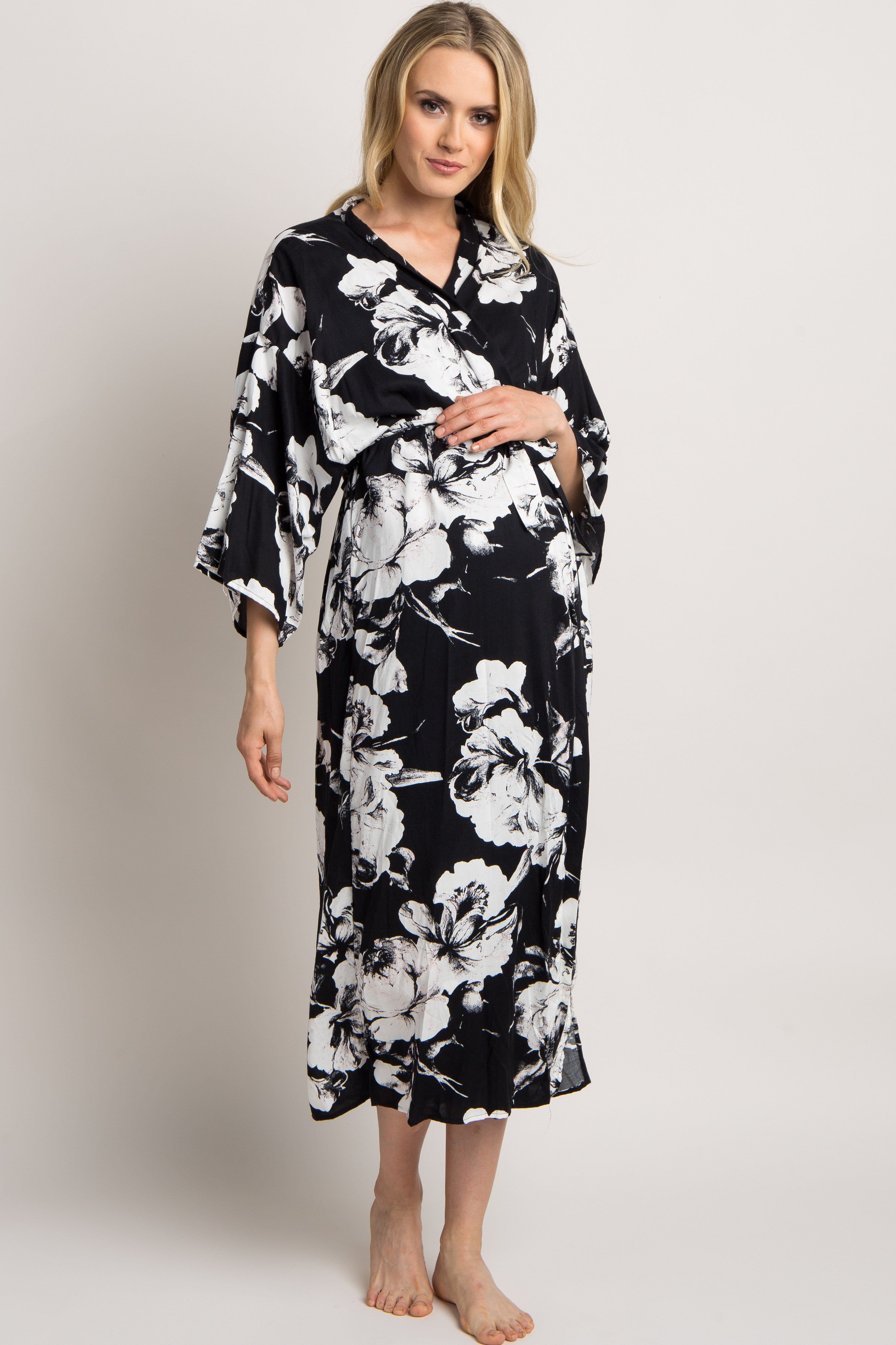 PinkBlush Black Floral Delivery/Nursing Long Maternity Robe sold by Pinkblush product image thumbnail 2