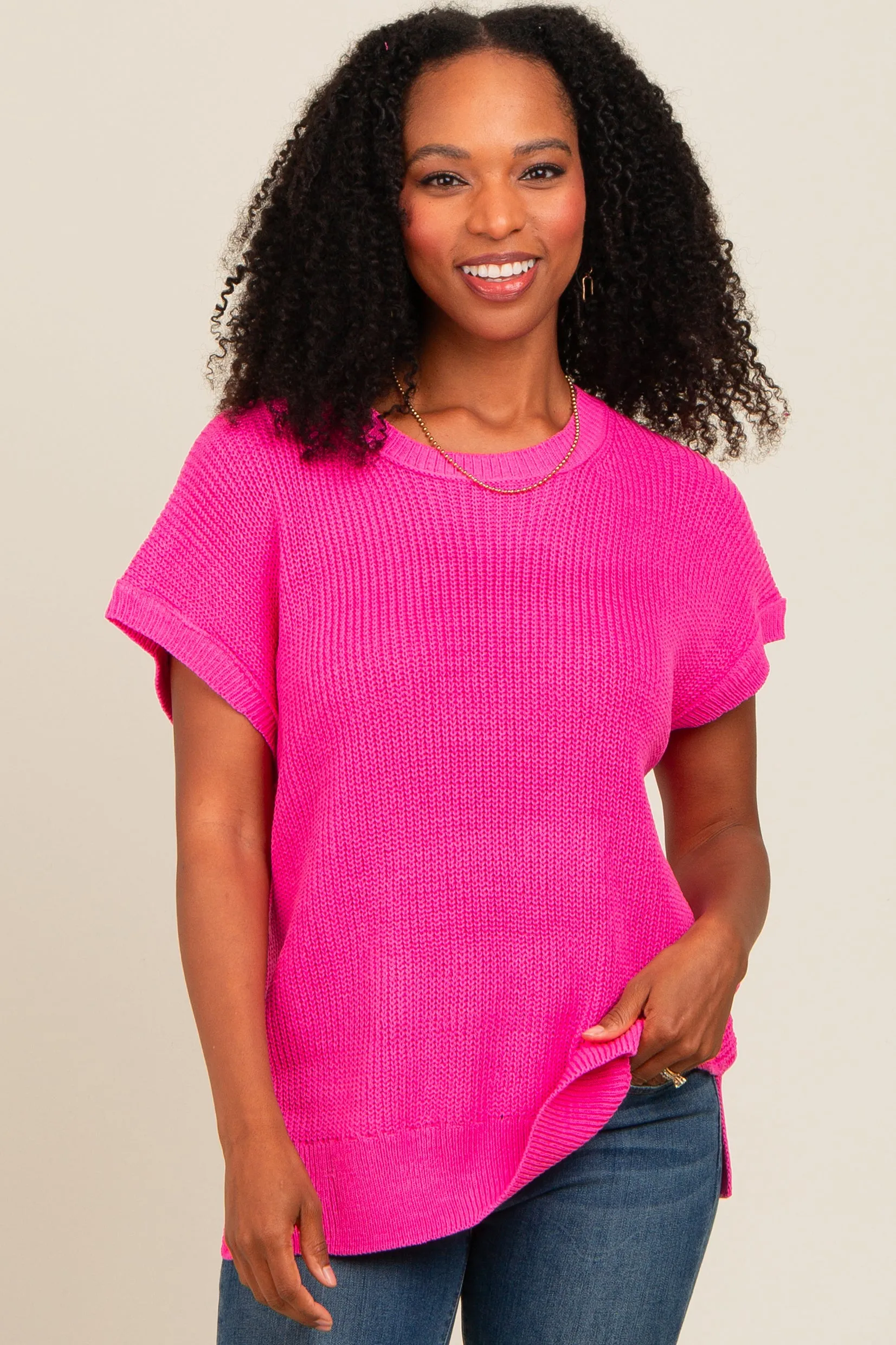 Fuchsia Dolman Short Sleeve Side Slit Maternity Sweater Top sold by Pinkblush product image thumbnail 5
