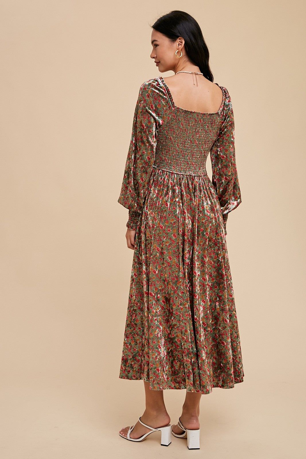 Emerald Floral Velvet Square Neck Midi Dress sold by Pinkblush product image thumbnail 3