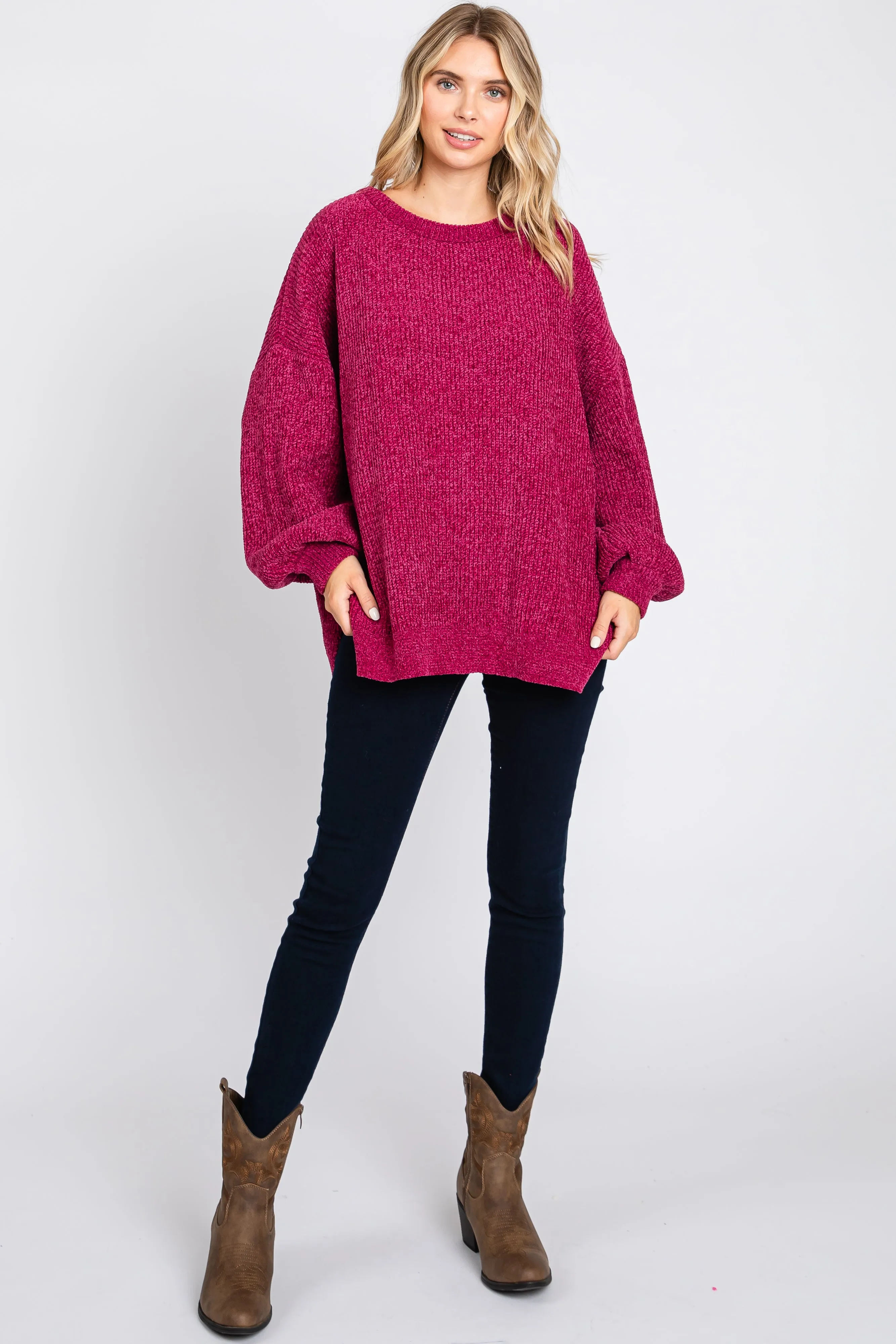Magenta Chenille Knit Balloon Sleeve Sweater sold by Pinkblush product image thumbnail 4