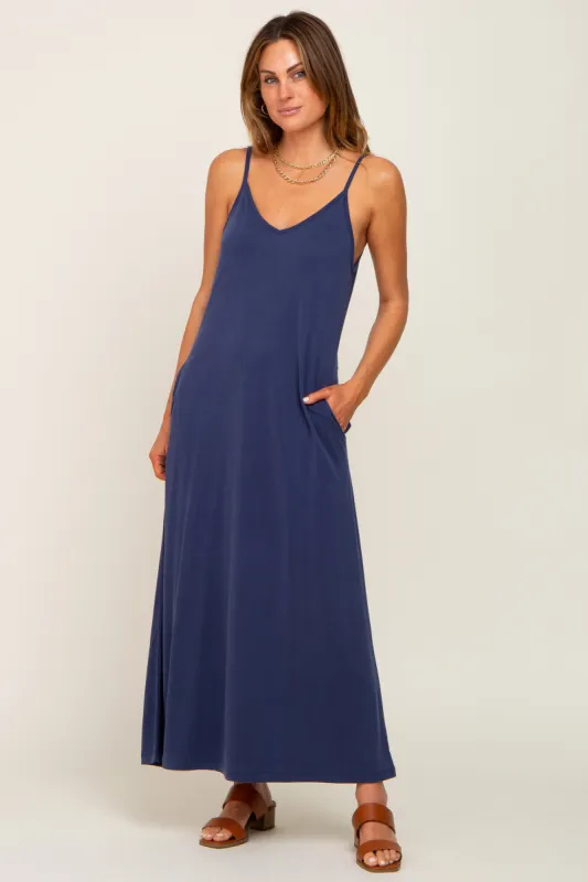 Navy Blue Sleeveless V-Neck Maxi Dress sold by Pinkblush