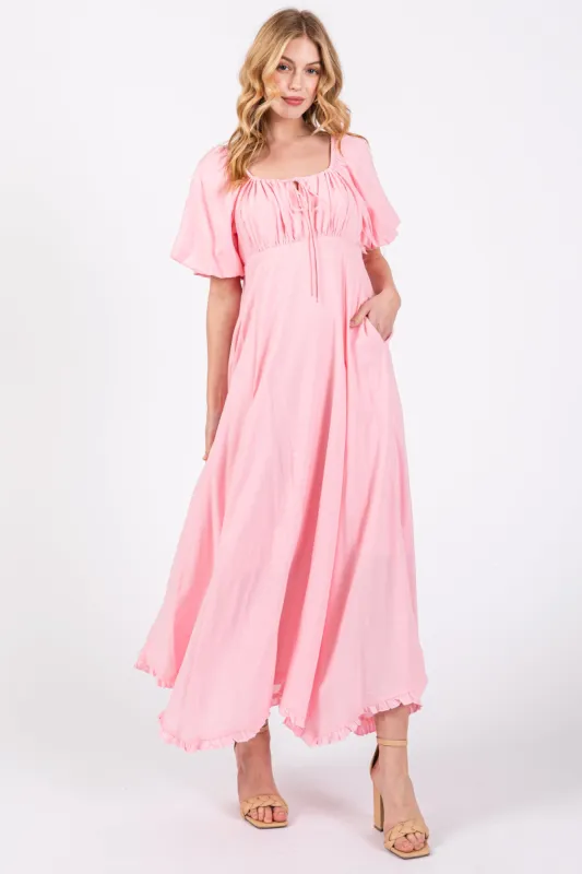 Pink Front Tie Puff Sleeve Maxi Dress sold by Pinkblush