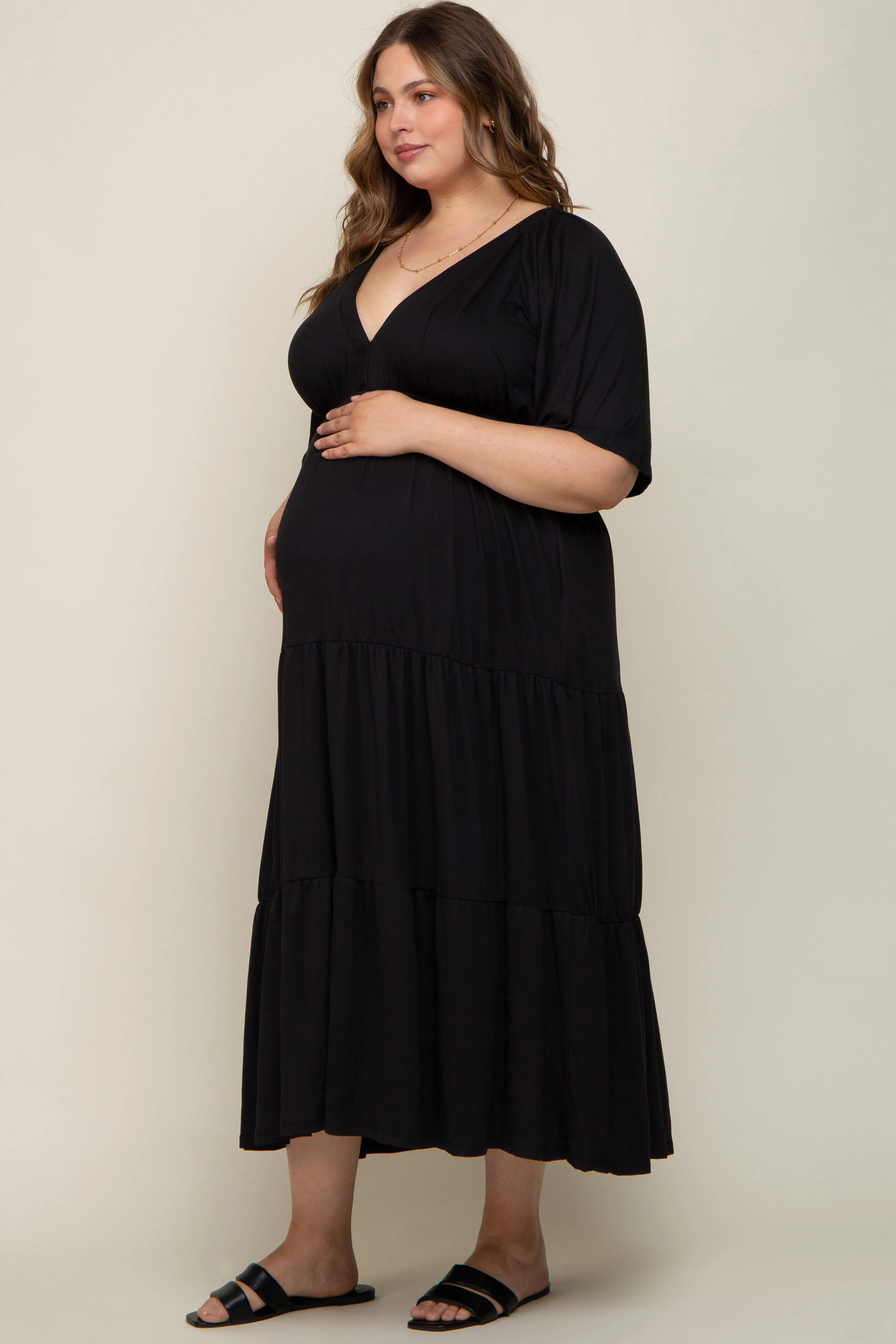 Black Deep V-Neck Tiered Maternity Plus Maxi Dress sold by Pinkblush product image thumbnail 2