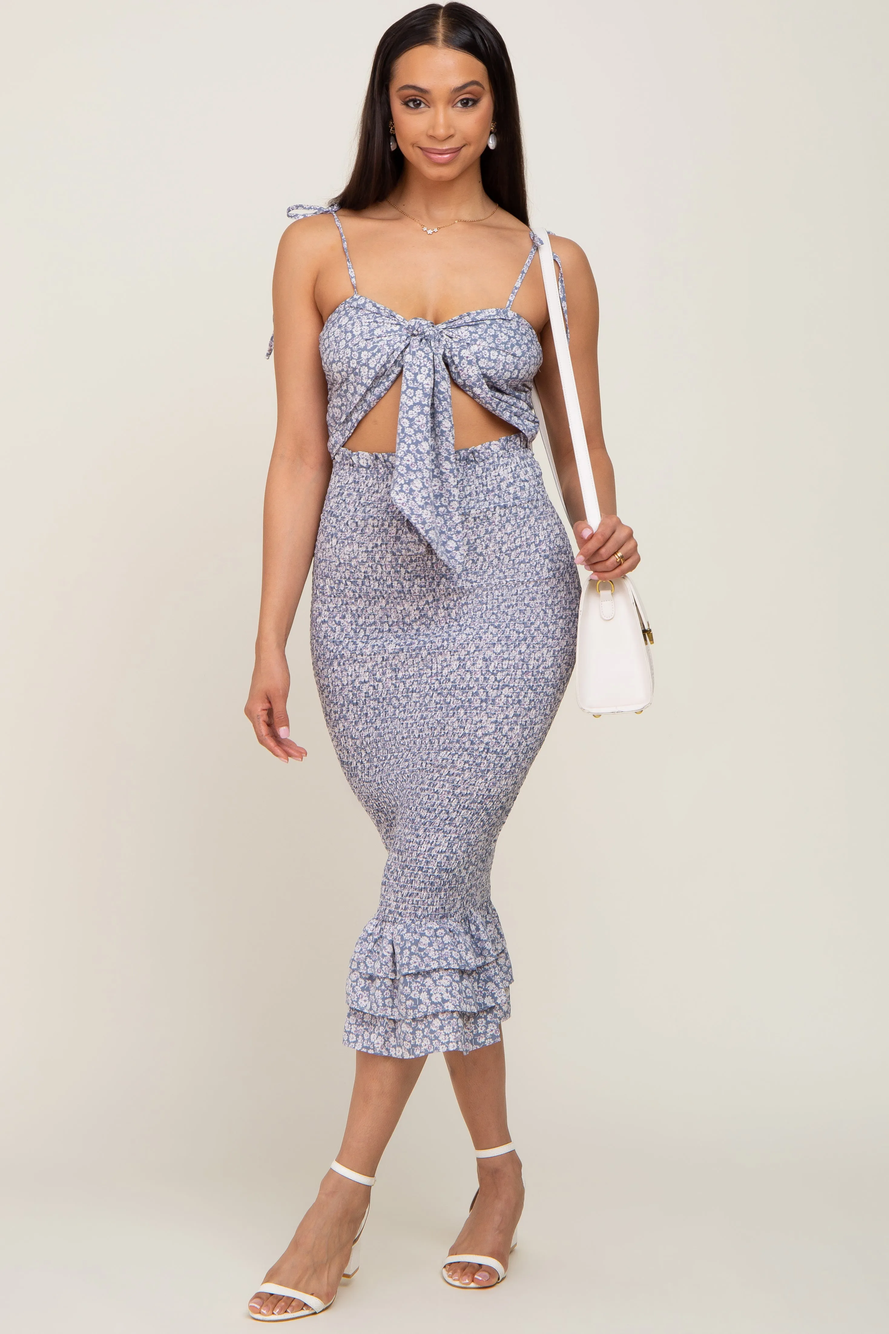 Light Blue Floral Knot Front Smocked Midi Dress sold by Pinkblush product image thumbnail 5