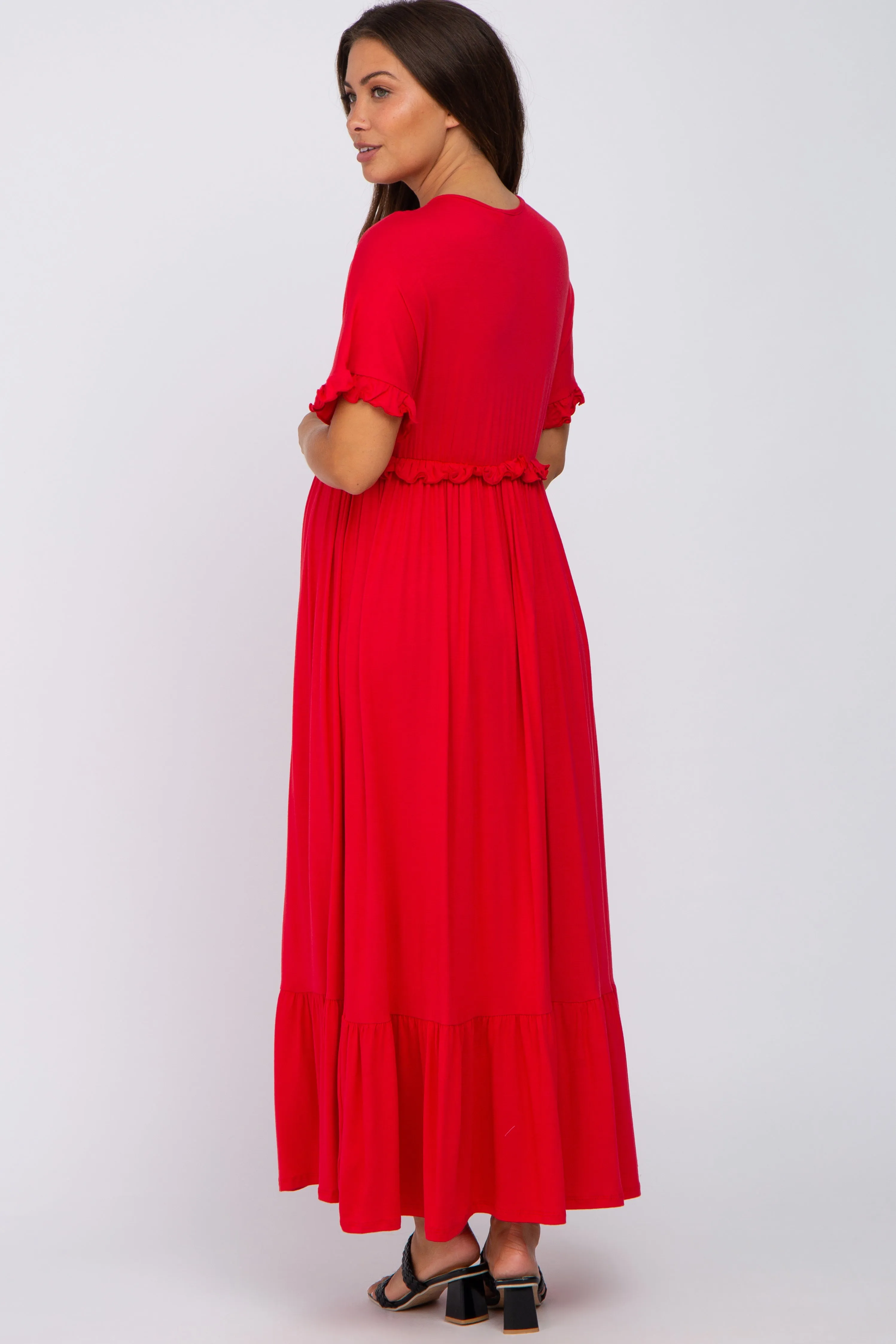 Red Solid Ruffle Maternity Maxi Dress sold by Pinkblush product image thumbnail 3