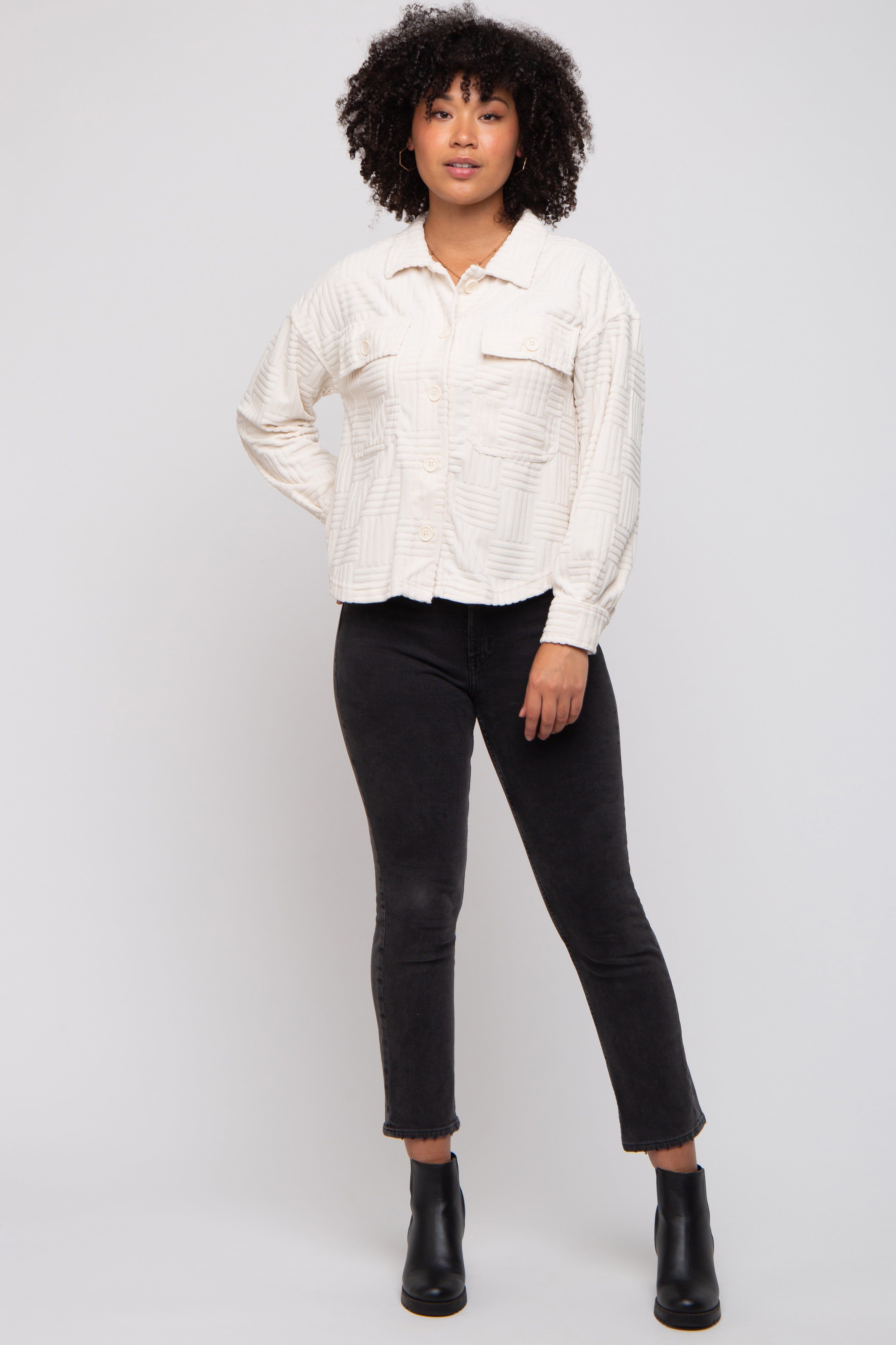 Ivory Velvet Textured Shirt Jacket sold by Pinkblush