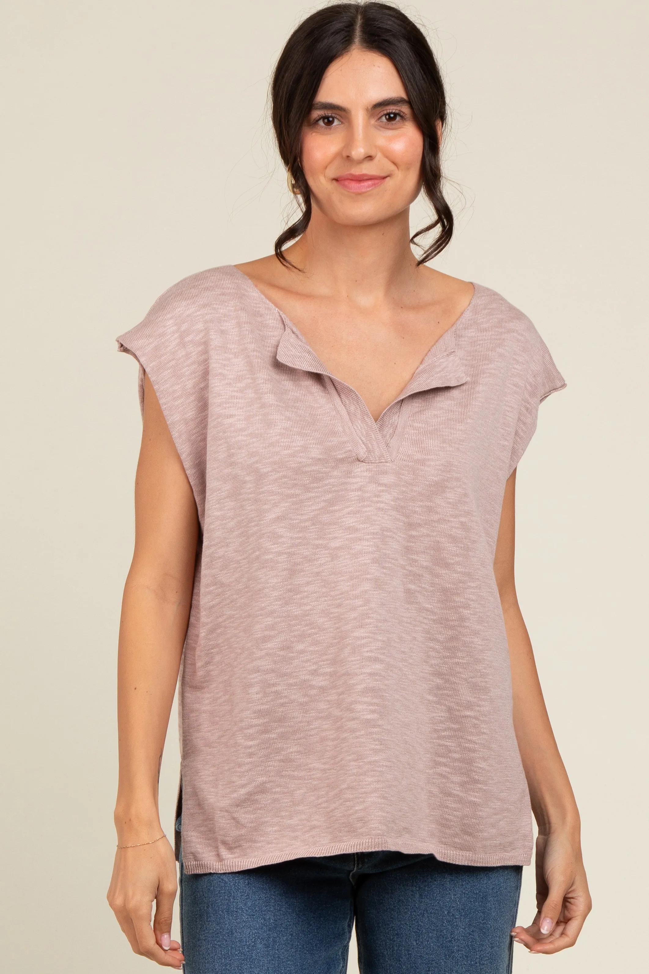Mauve Two Tone Split V-Neck Dolman Short Sleeve Top sold by Pinkblush
