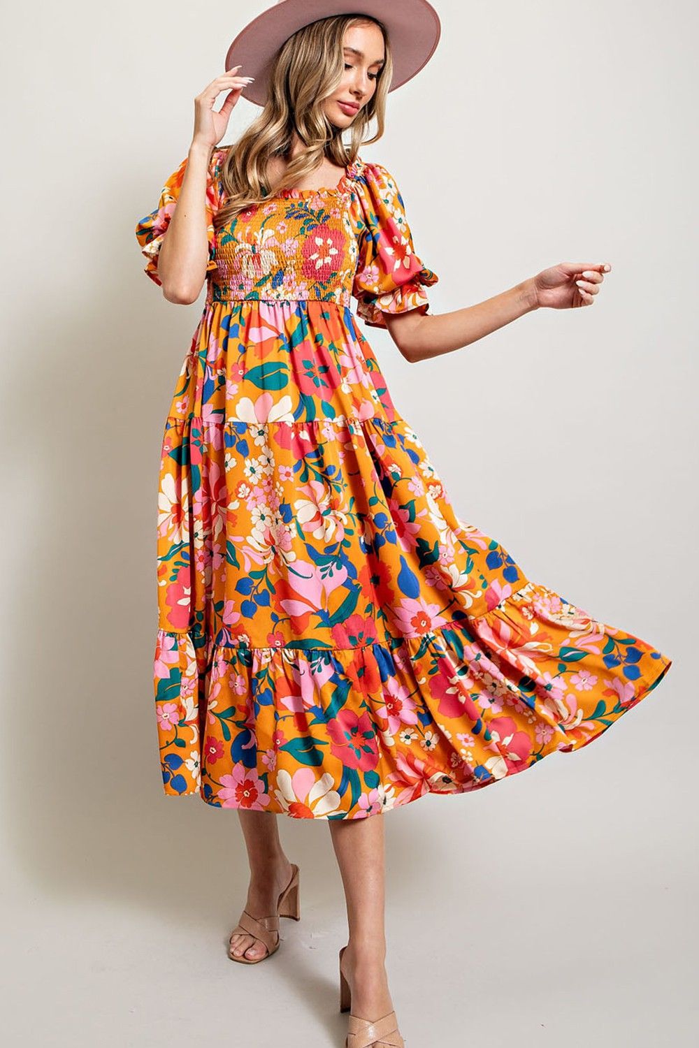 Orange Floral Satin Smocked Short Sleeve Midi Dress sold by Pinkblush