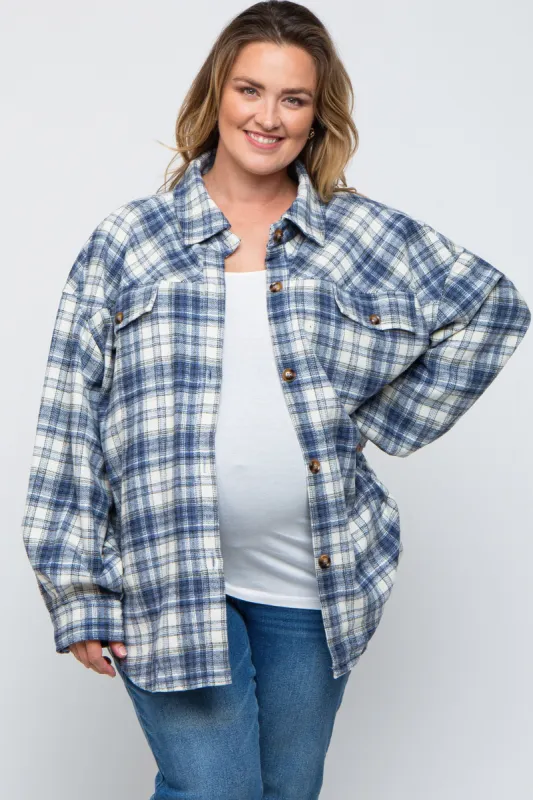 Navy Blue Flannel Plaid Button Up Maternity Plus Shacket sold by Pinkblush