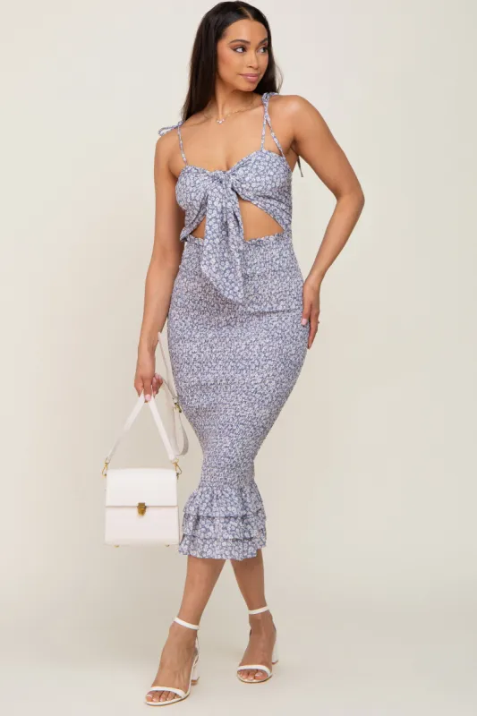 Light Blue Floral Knot Front Smocked Midi Dress sold by Pinkblush