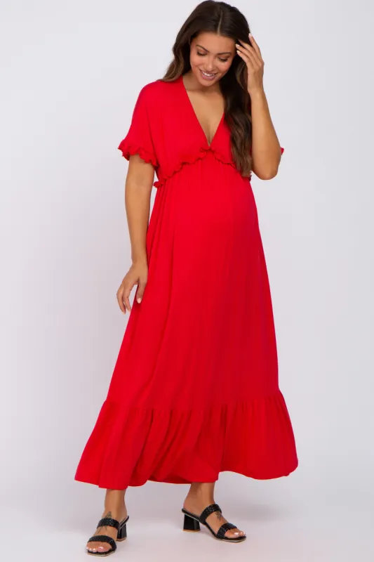 Red Solid Ruffle Maternity Maxi Dress sold by Pinkblush