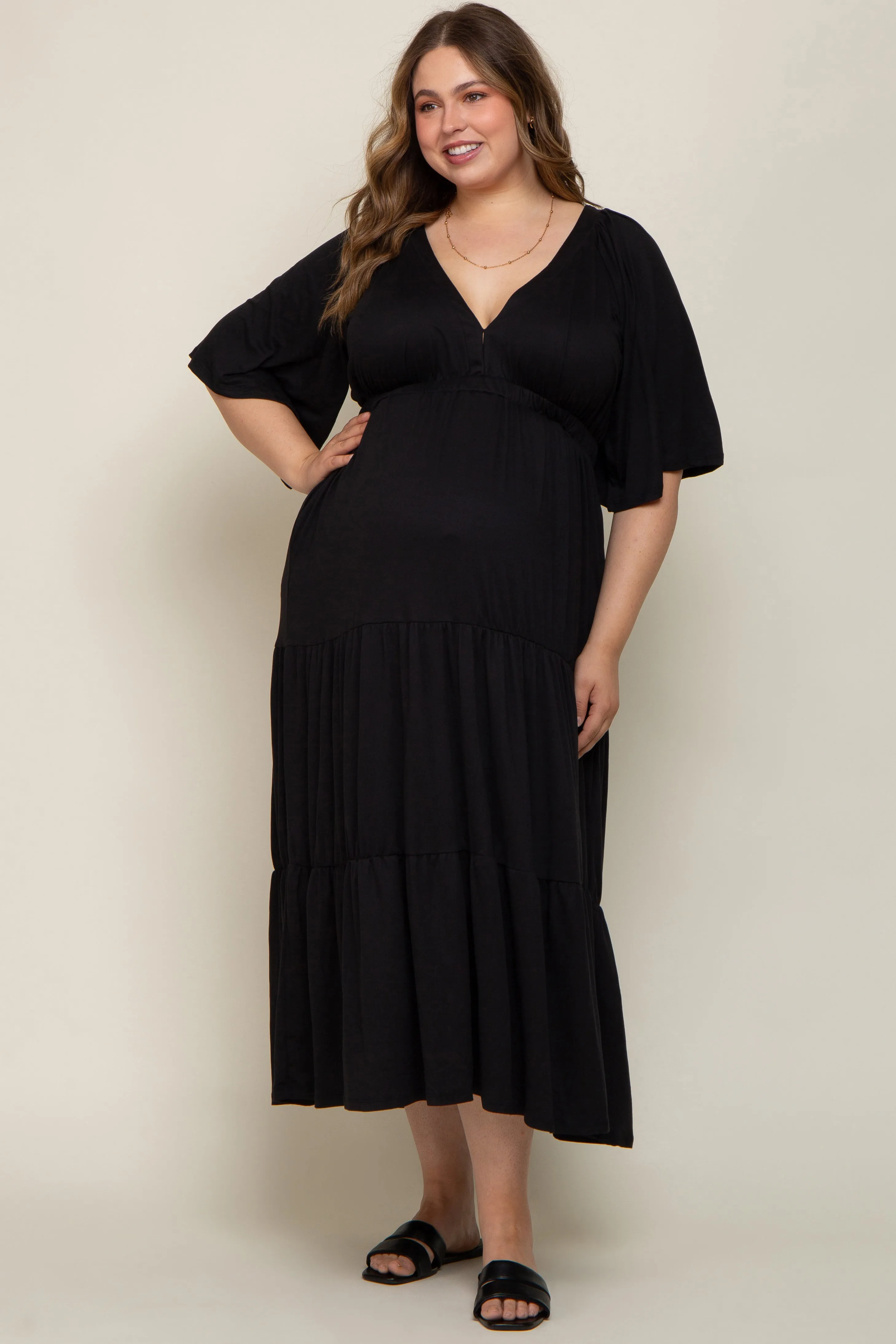 Black Deep V-Neck Tiered Maternity Plus Maxi Dress sold by Pinkblush product image thumbnail 4