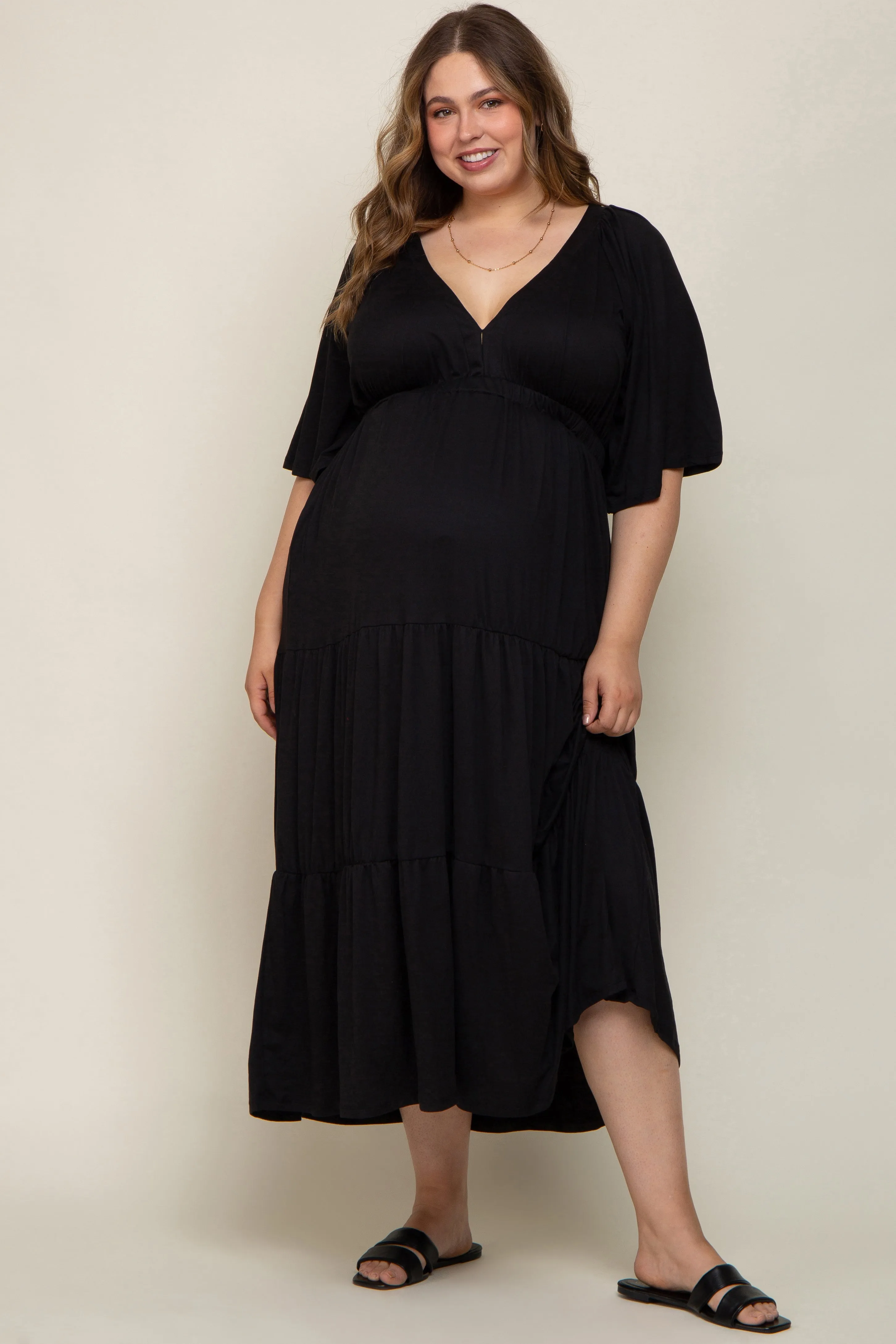 Black Deep V-Neck Tiered Maternity Plus Maxi Dress sold by Pinkblush