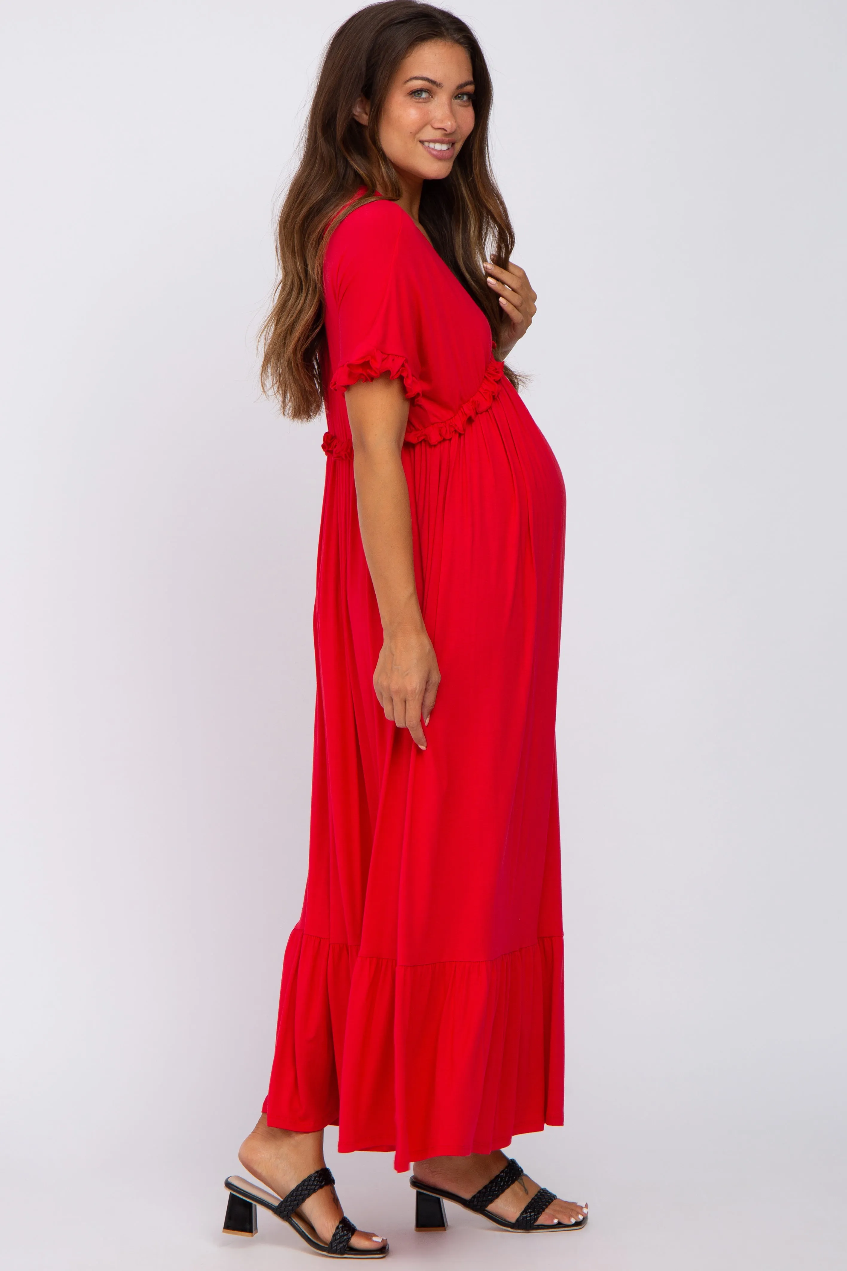 Red Solid Ruffle Maternity Maxi Dress sold by Pinkblush product image thumbnail 2