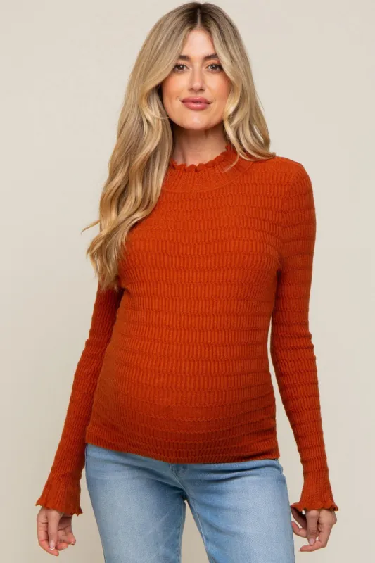 Rust Textured Knit Ruffle Mock Neck Maternity Top sold by Pinkblush