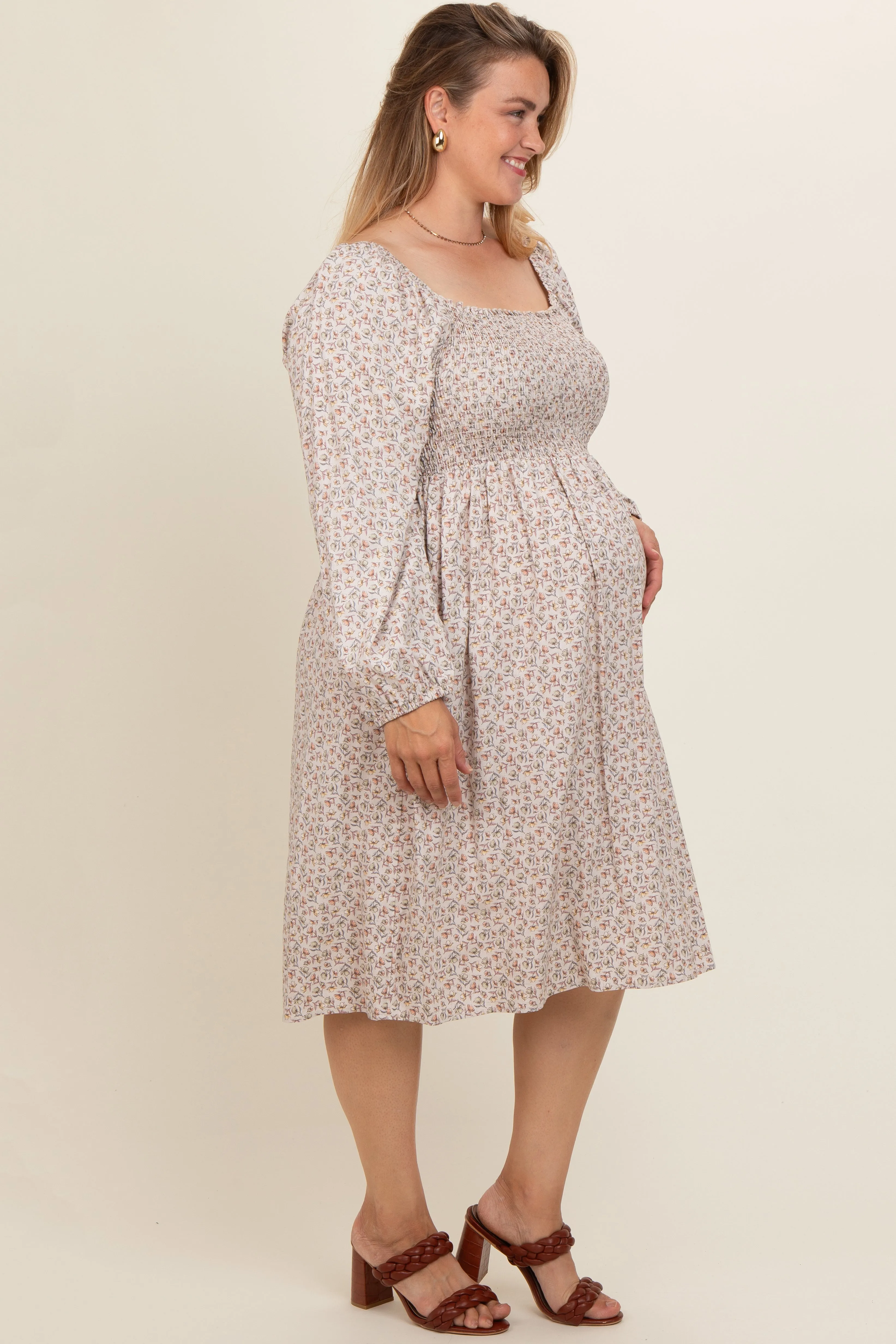 Beige Floral Print Long Sleeve Maternity Plus Midi Dress sold by Pinkblush product image thumbnail 3