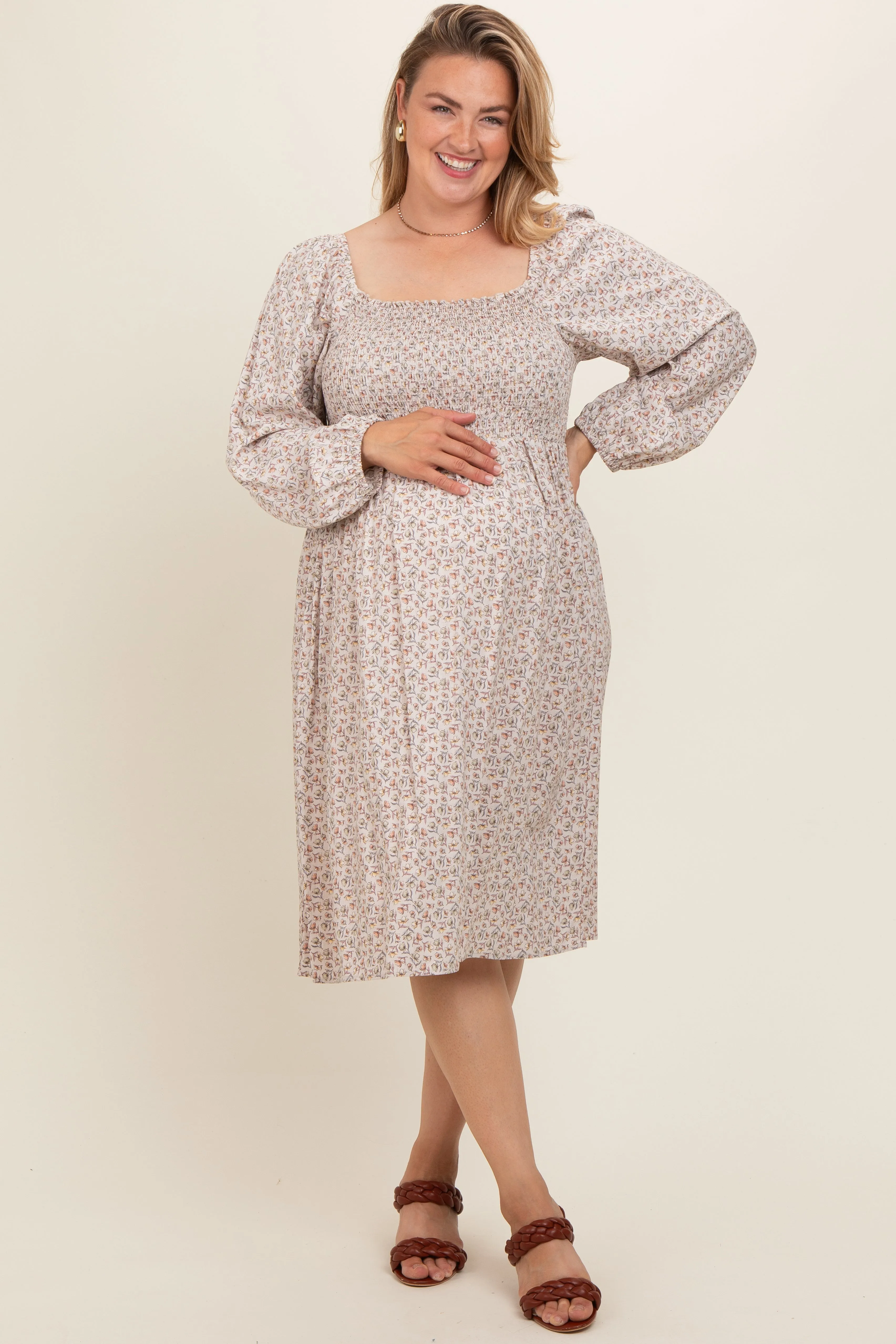 Beige Floral Print Long Sleeve Maternity Plus Midi Dress sold by Pinkblush