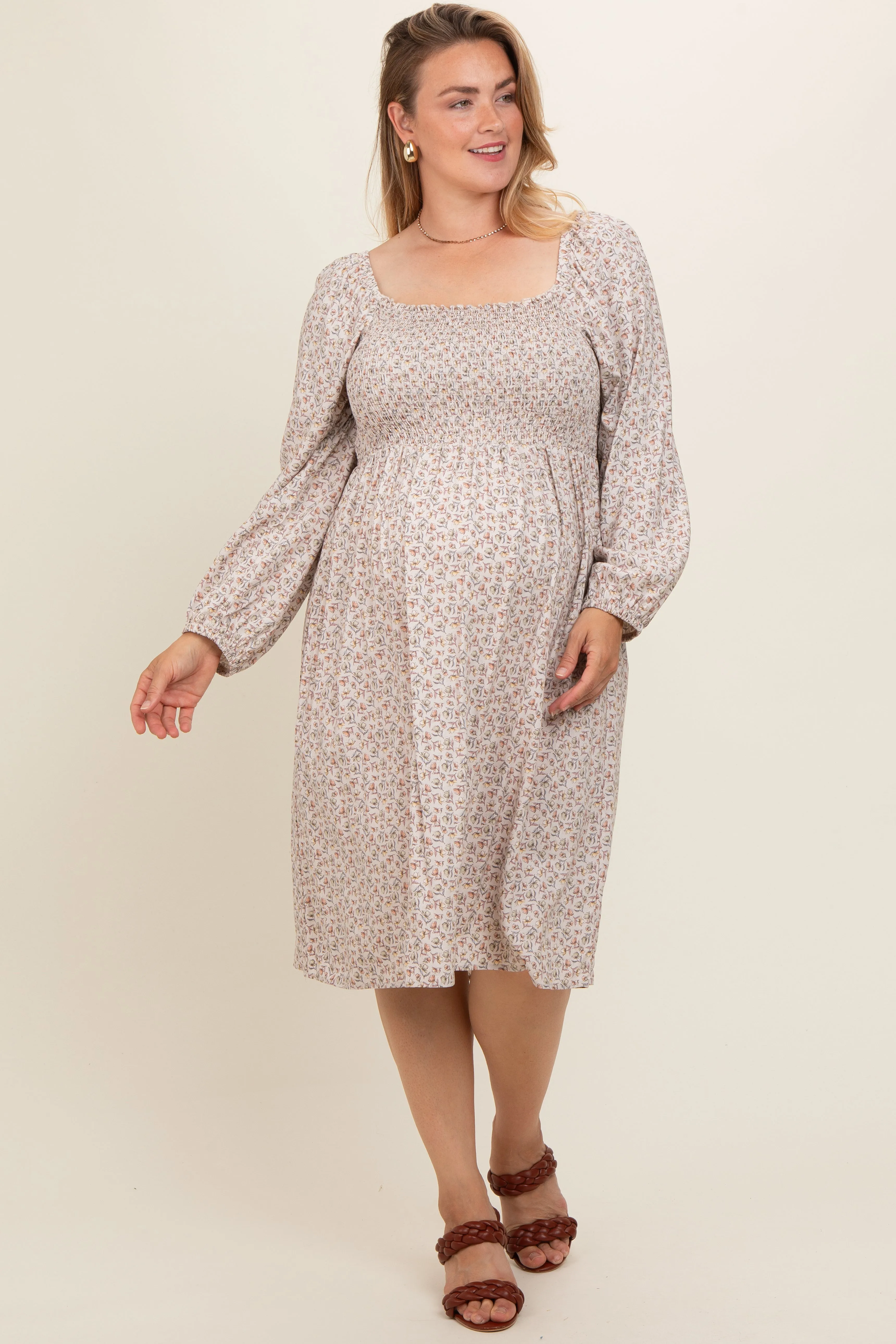 Beige Floral Print Long Sleeve Maternity Plus Midi Dress sold by Pinkblush product image thumbnail 2