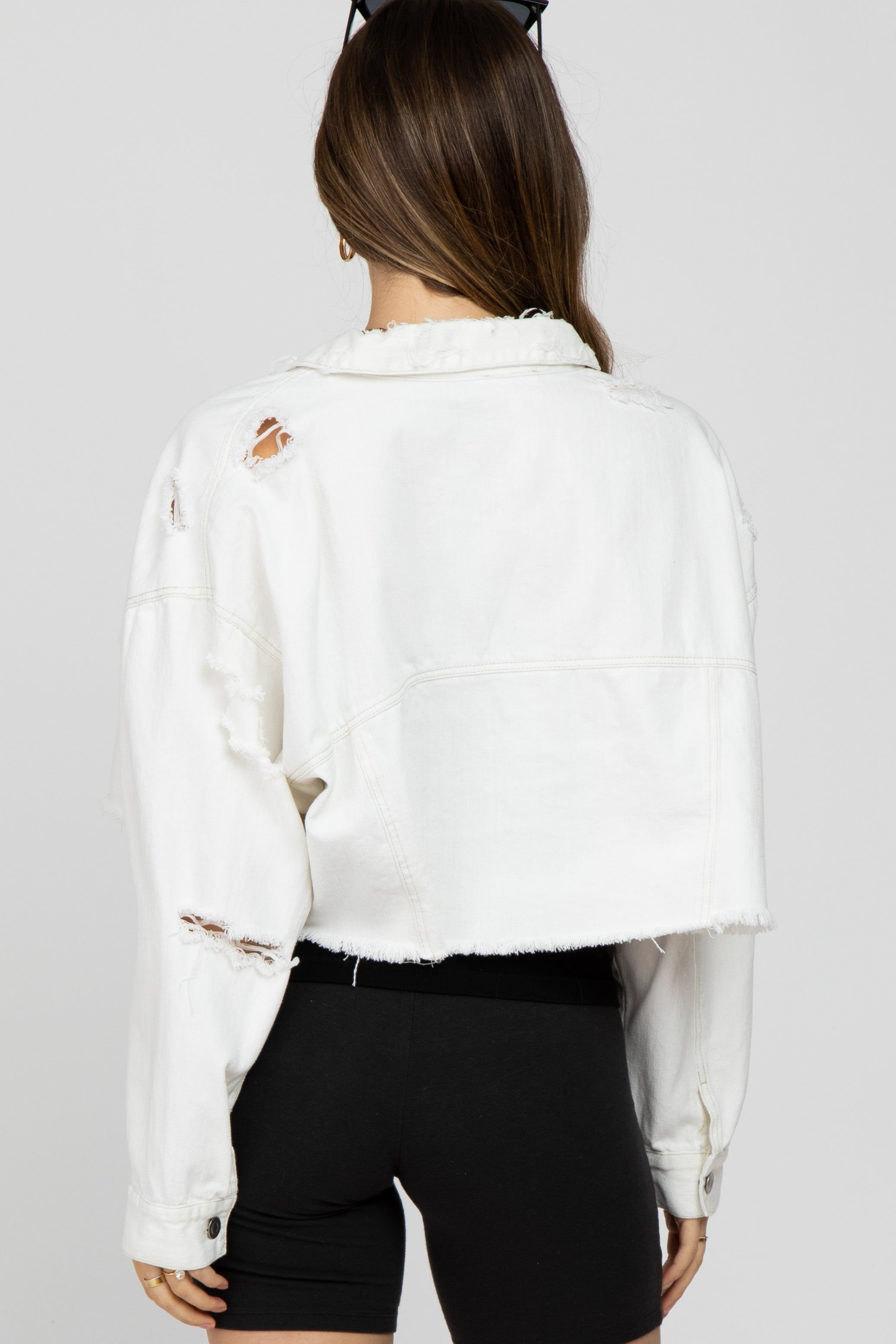 White Raw Hem Cropped Maternity Jean Jacket sold by Pinkblush product image thumbnail 5