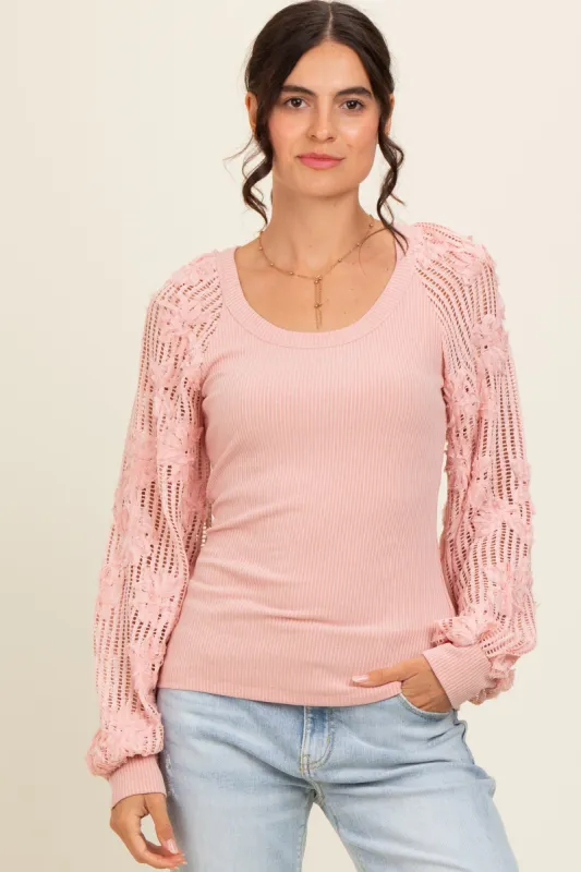Light Pink Floral Lace Balloon Sleeve Top sold by Pinkblush