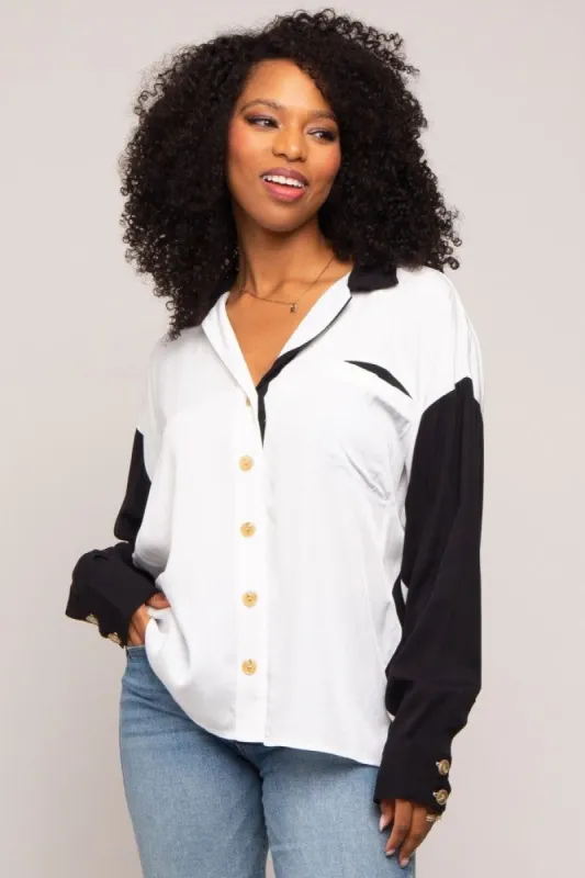 White Colorblock Oversized Blouse sold by Pinkblush