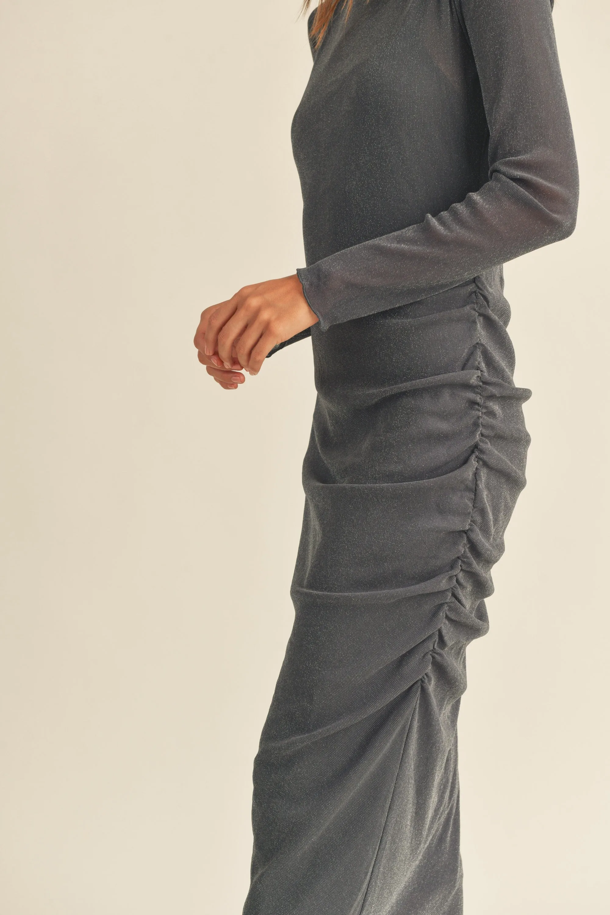 Charcoal Shimmer Mesh Long Sleeve Ruched Midi Dress sold by Pinkblush product image thumbnail 4