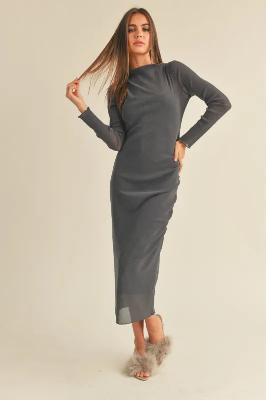 Charcoal Shimmer Mesh Long Sleeve Ruched  Midi Dress sold by Pinkblush
