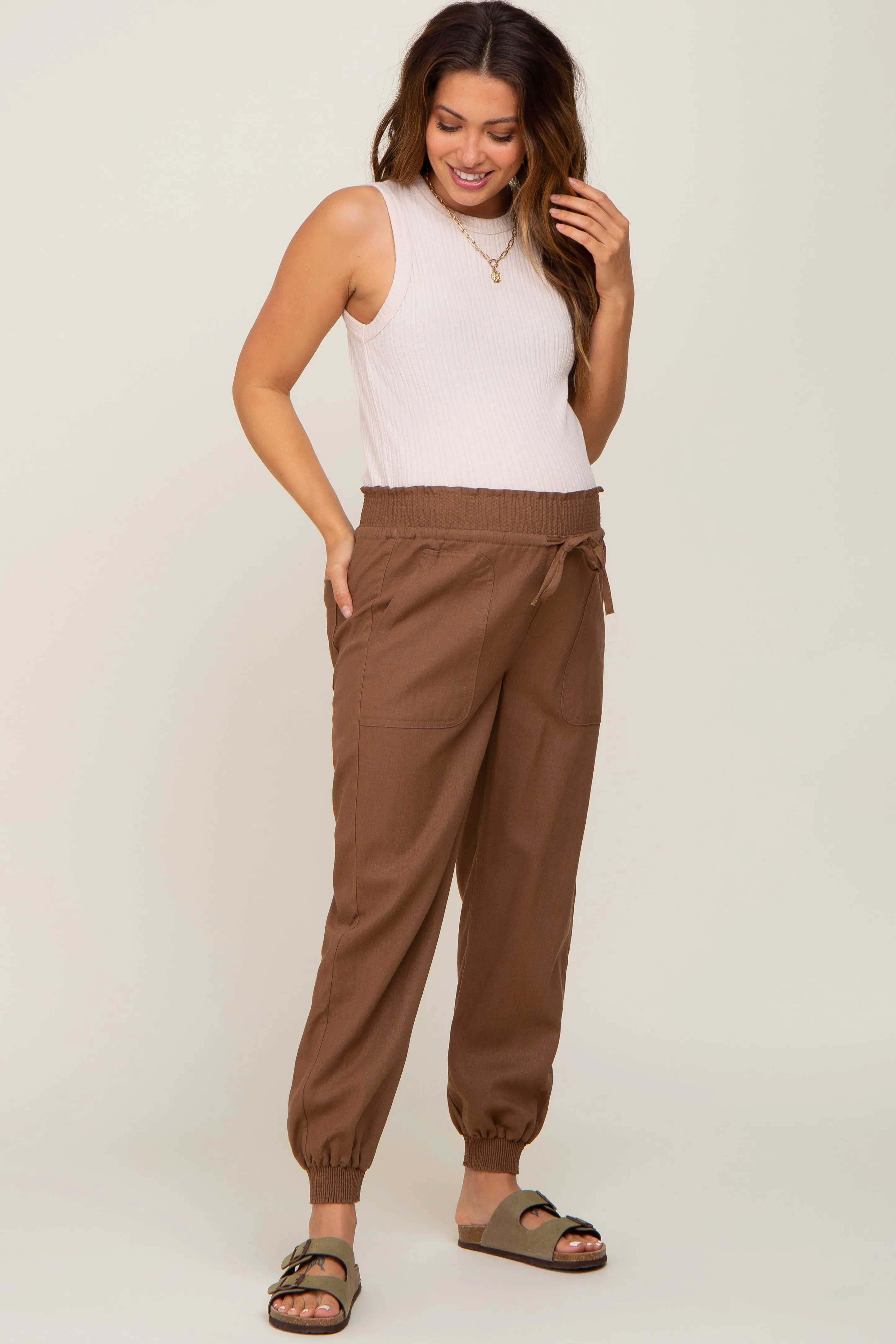 Brown Smocked Maternity Joggers sold by Pinkblush product image thumbnail 5