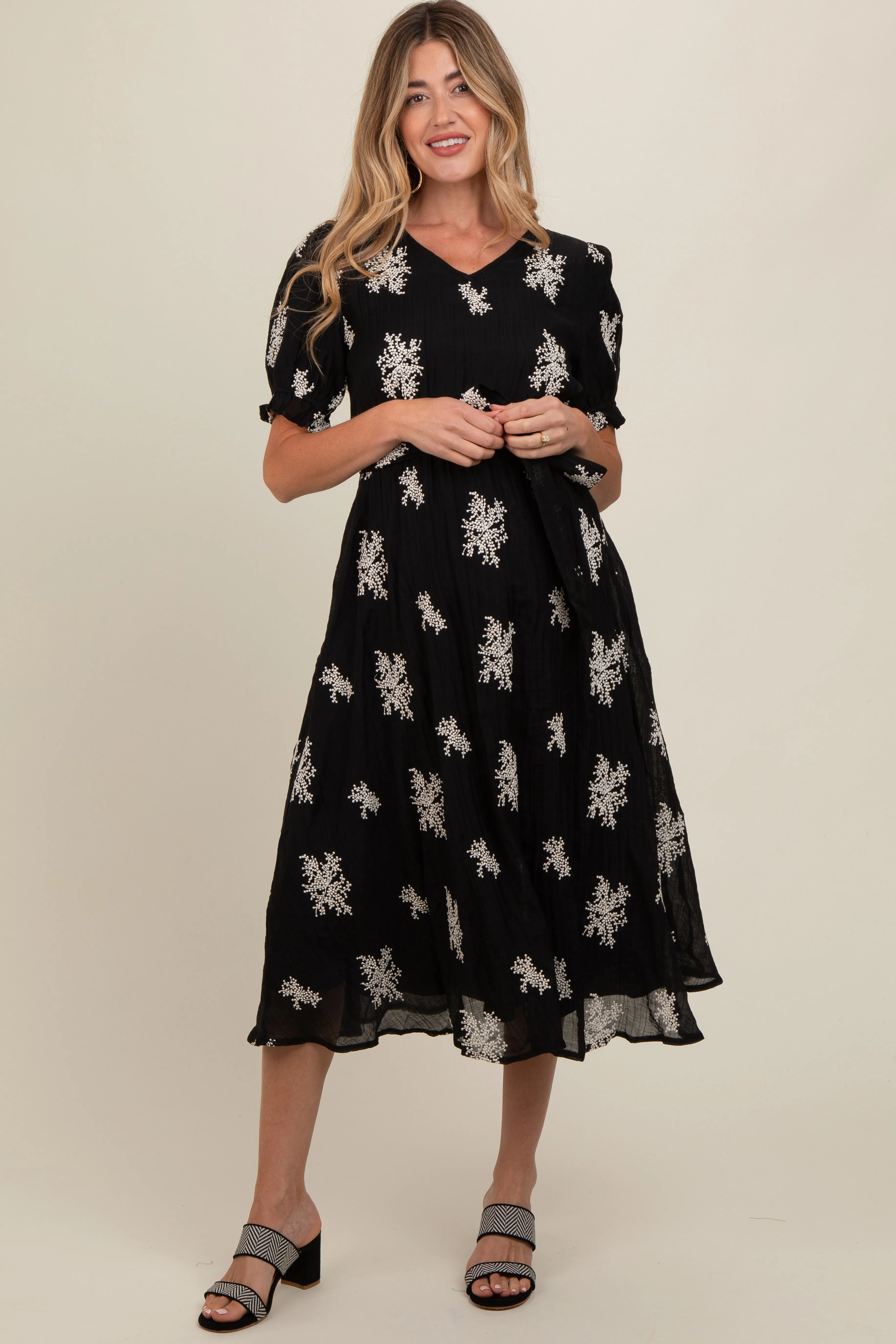 Black Embroidered Sash Tie Maternity Midi Dress sold by Pinkblush